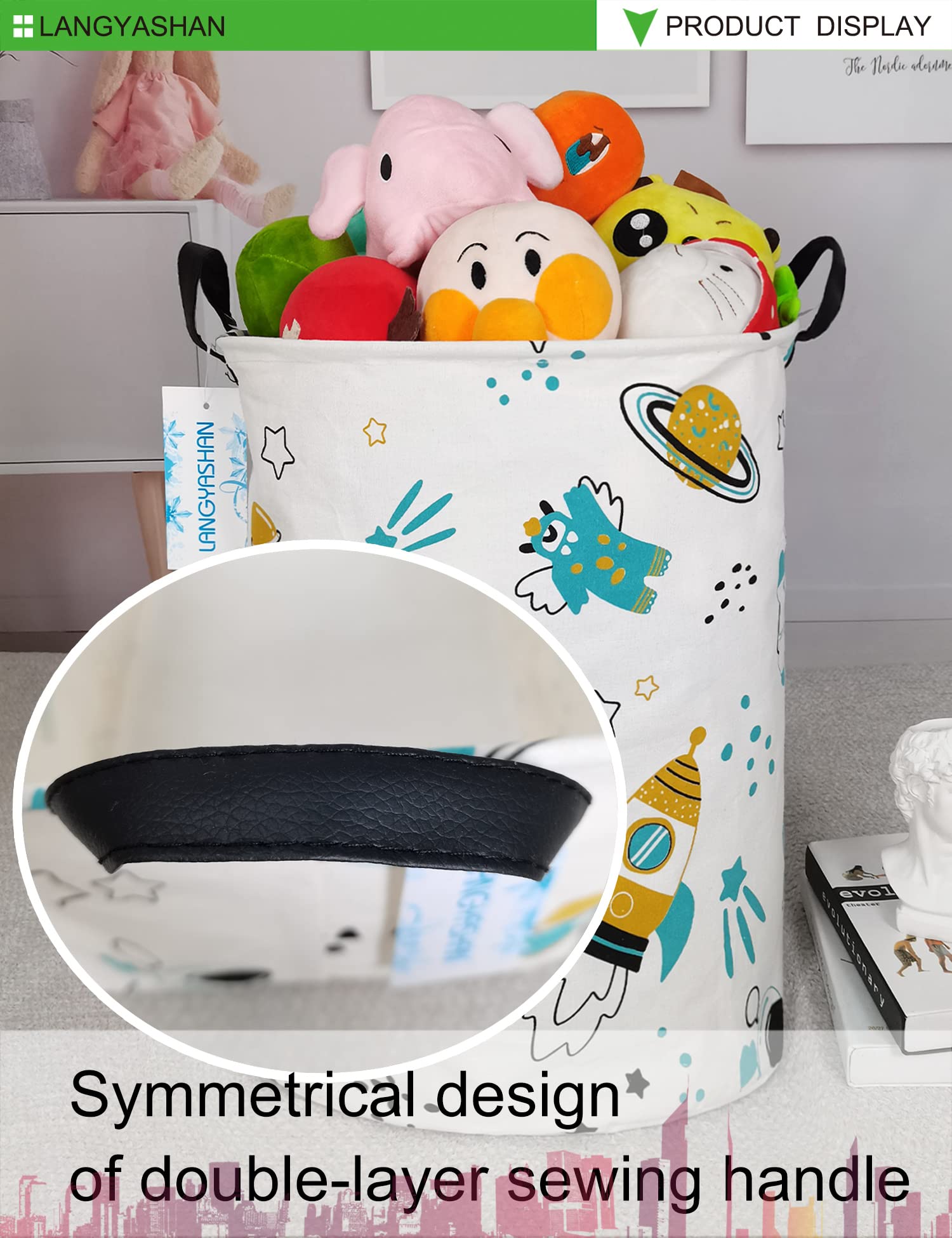 LANGYASHAN Collapsible Storage Bin - Canvas Fabric Organizer Basket for Laundry, Toys, Clothes & Nursery | Space Astronaut Design | Perfect for Bedroom, Baby Room & Gift Giving