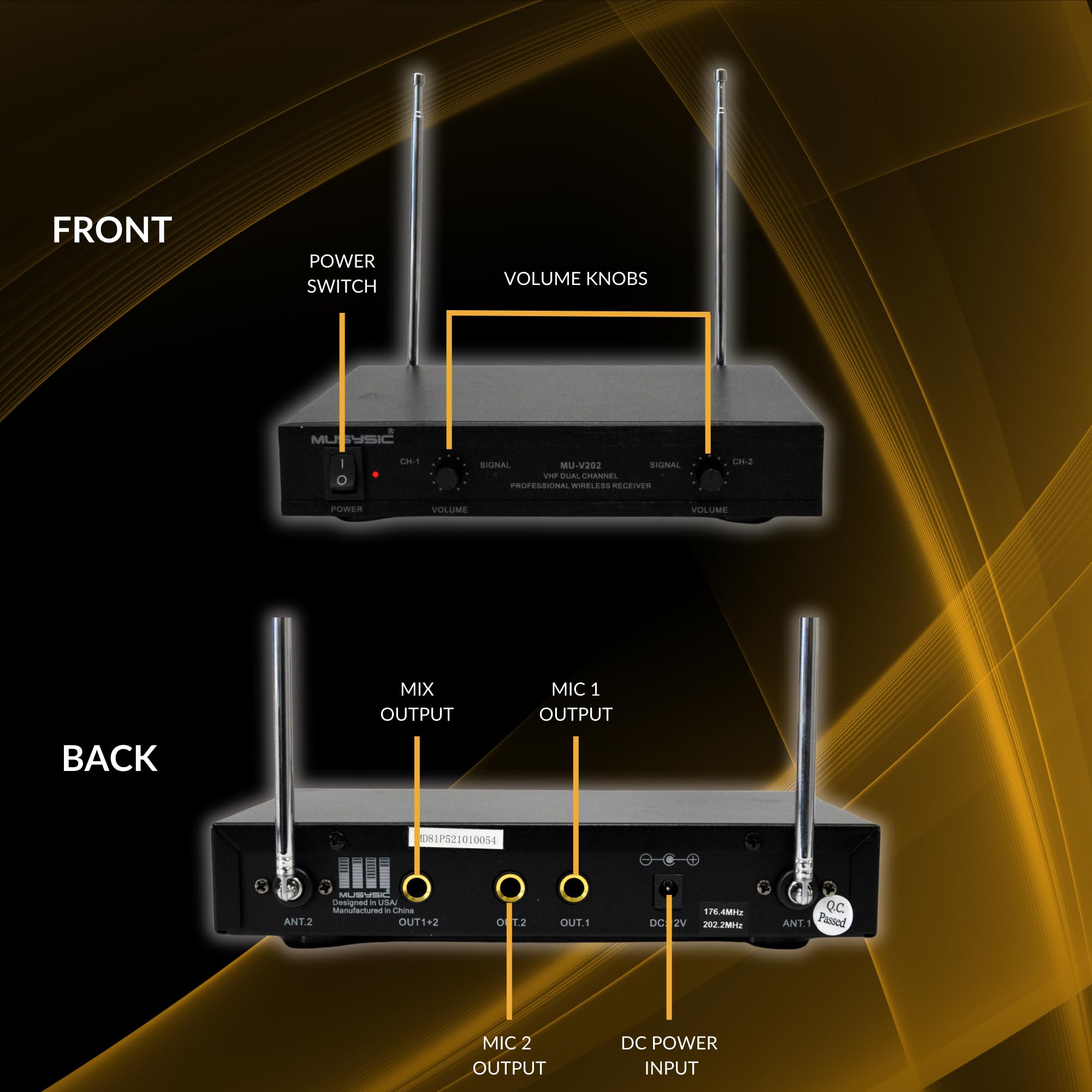 Musysic Wireless Microphone System - VHF Lapel Lavalier Headset with Transmitter & Receiver, 2-Channel SM Technology, 1/4