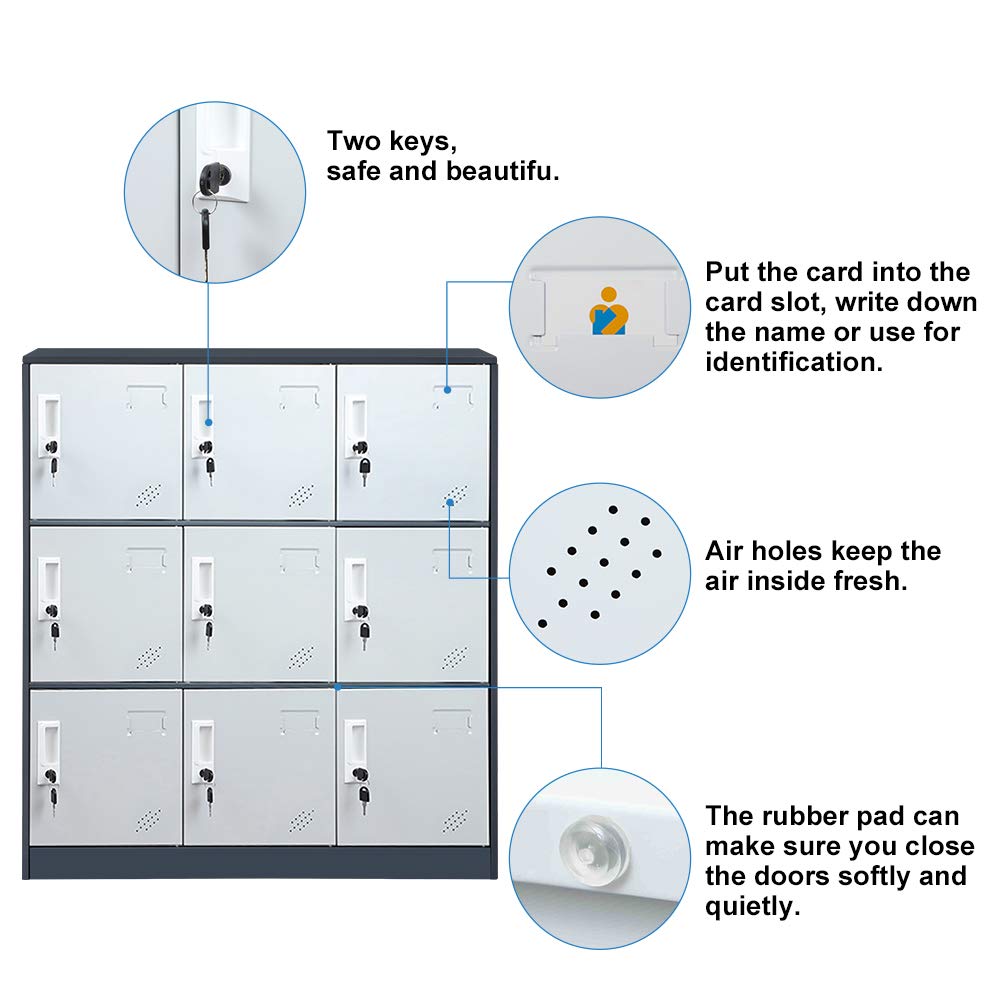 9-Door Metal Storage Cabinet with Card Slot - Heavy Duty Steel Locker for Shoes, Bags & Office Supplies - Perfect for Home, Office, School, Gym & Bank Organization (Gray) - Ideal for Closet Storage, Entryway Organization & Commercial Spaces