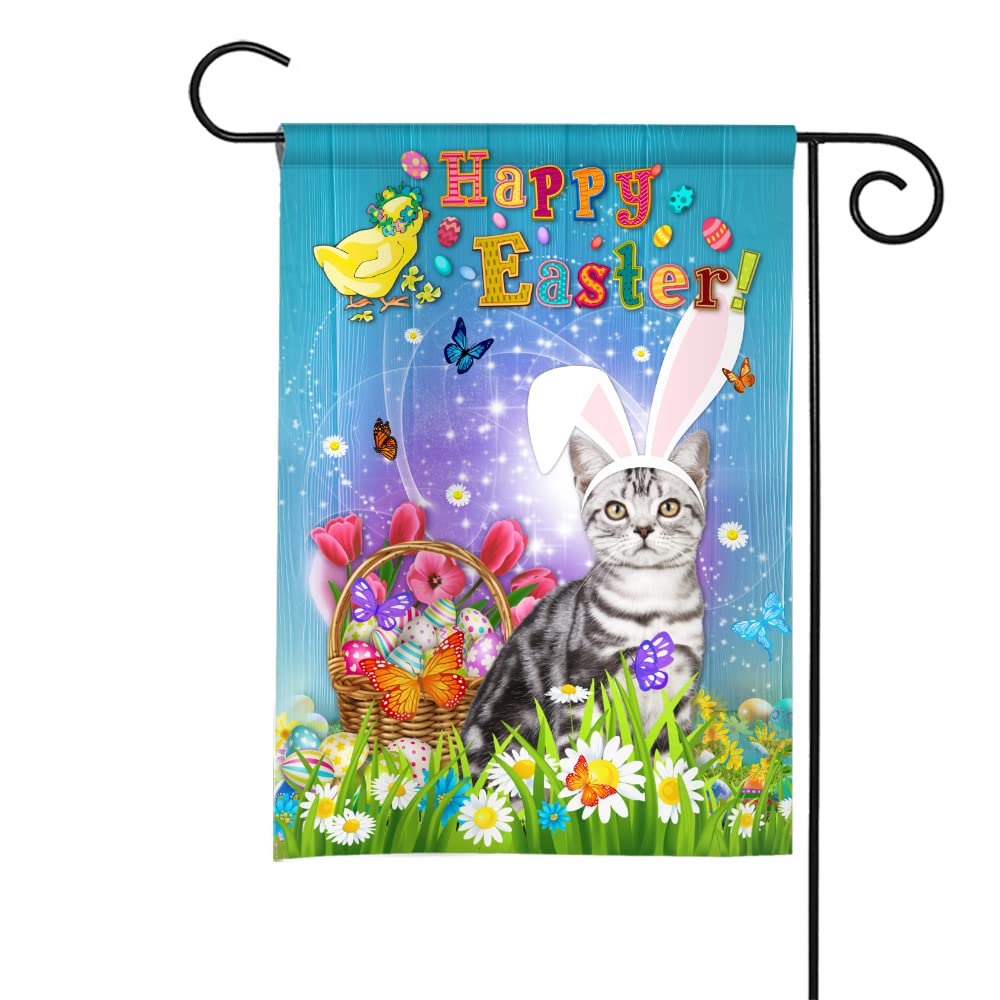 Easter Garden Flag - Bunny & Egg Design with American Shorthair Cat - 11.5x17.5 Inch Seasonal Holiday Decoration for Cat Lovers | Perfect for Spring Porch, Yard & Easter Home Decor