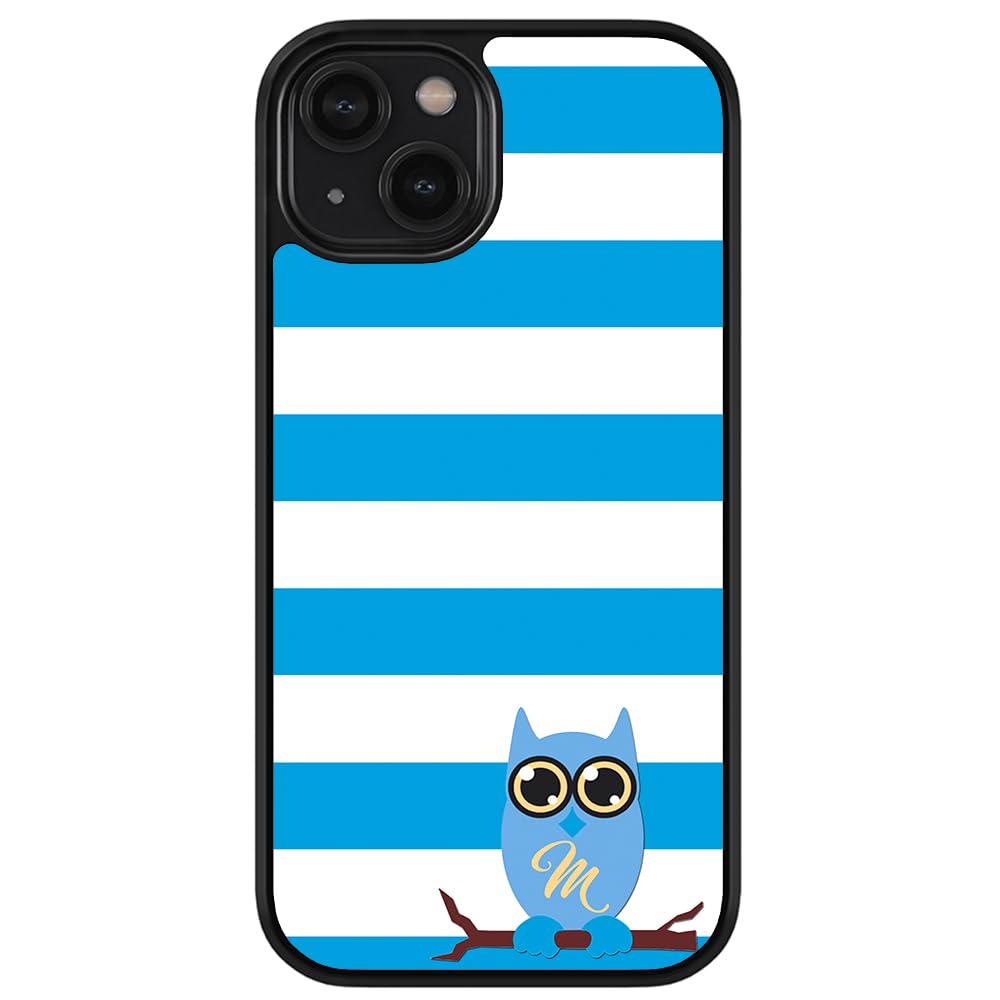 Owl Pattern Blue and White Stripes Personalized Black Rubber Phone Case for Apple iPhone 16 Pro Max/Plus, 15 Pro Max/Plus, 14 Pro Max/Plus, 13 Pro Max/Mini, 12 Pro Max, 11, X, 8, 7 Plus - Durable Protection for Everyday Use