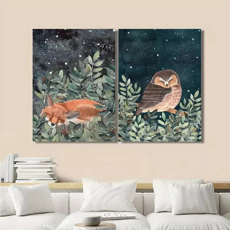 2Pcs Nocturnal Animals Canvas Wall Art - 50x75cm Framed Cute Style Decorative Painting | High Quality Print | 100% Australian Made | Ready to Hang | Perfect for Nursery, Living Room & Bedroom Decor