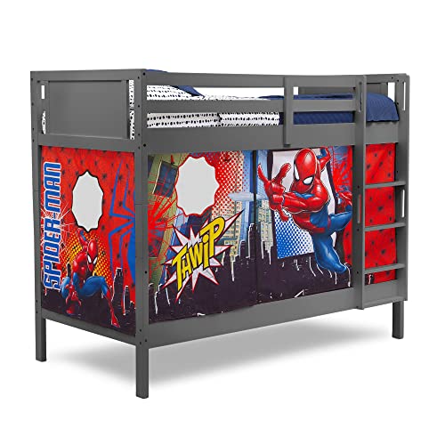 Delta Children Twin Over Twin Convertible Wood Bunk Bed with Ladder & Guardrails + Loft Bed Tent Curtain Set Bundle - Charcoal/Spider-Man Design | Space-Saving Kids Bedroom Furniture for Small Rooms & Sleepovers