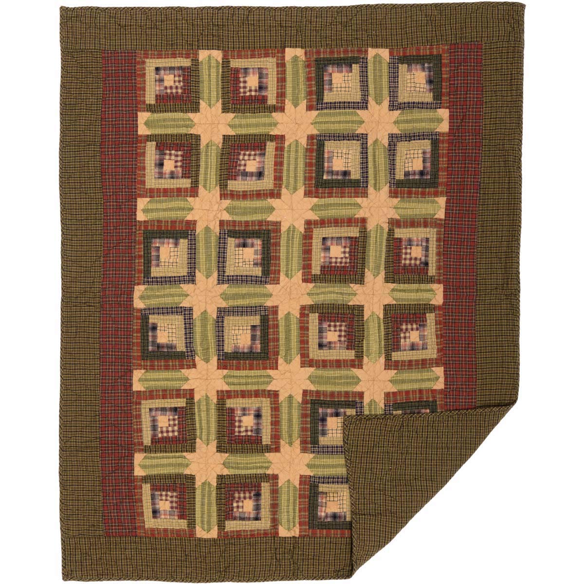 VHC Brands Tea Cabin Throw Quilt 60x50 Inches - Rustic Lodge Log Cabin Design in Moss Green & Deep Red - Cozy Farmhouse Blanket for Sofa, Bed, or Cabin Decor