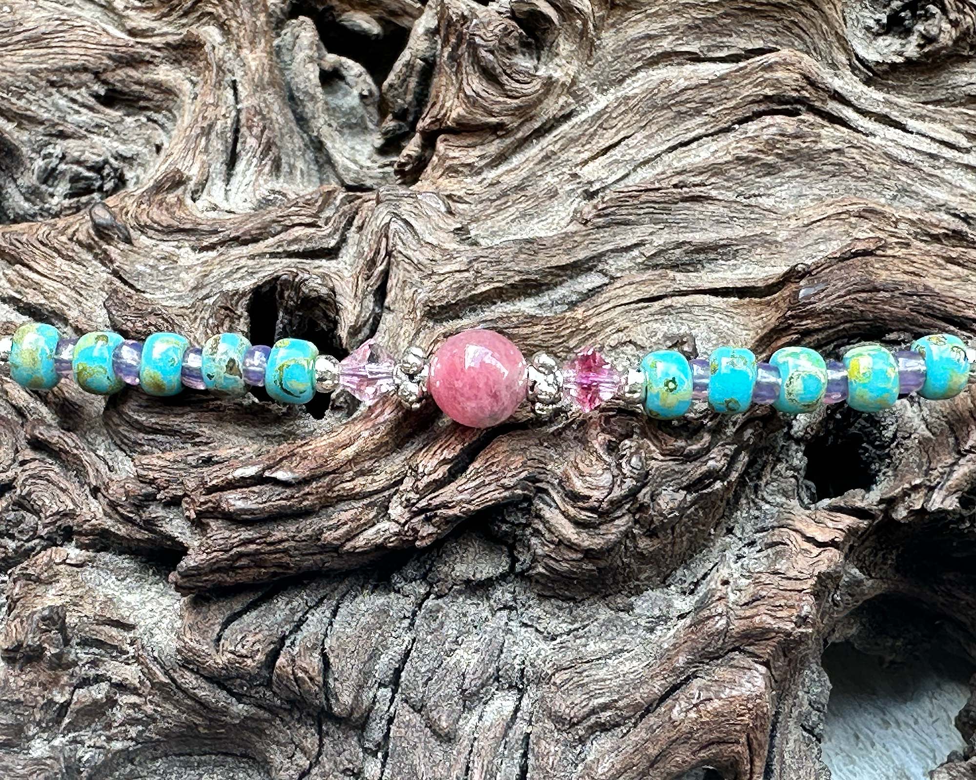 10 Turquoise Pink Rhodonite Gemstone Beaded Anklet - Handmade Boho Chic Adjustable Ankle Bracelet for Women, Yoga, Beach & Festival Fashion Accessory