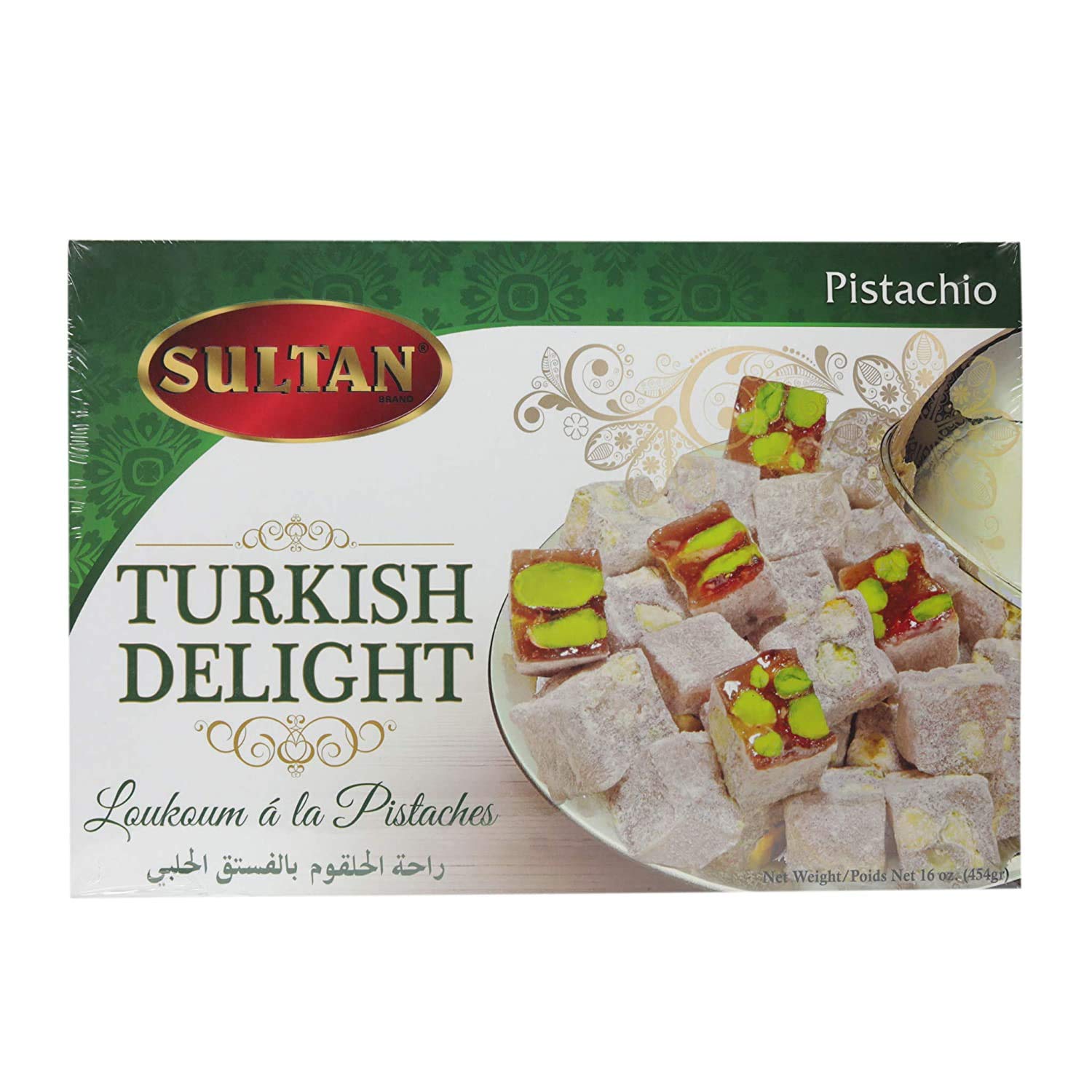 Premium Sultan Turkish Delight Pistachio - All Natural, No Preservatives, No Additives, Low Fat Gourmet Dessert - 16oz Gift Box for Holidays, Parties & Sweet Treat Lovers