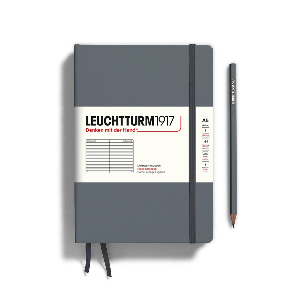 Leuchtturm1917 Hardcover Notebook - A5 Size, Ruled Pages, Anthracite Color - Perfect for Journaling, Note Taking & Sketching