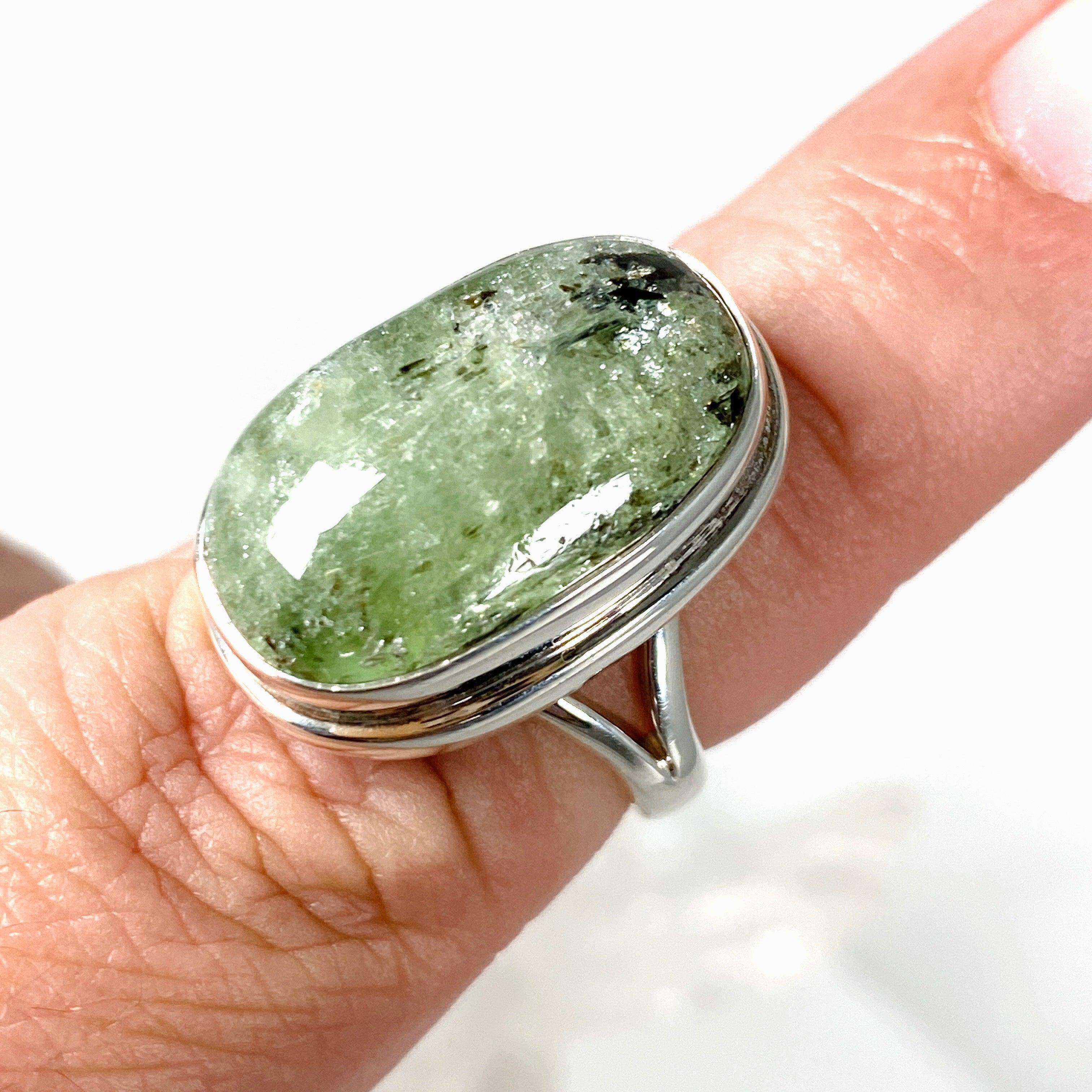 Natural Green Kyanite Oval Ring Size 7 - Handmade Sterling Silver Jewelry for Women - Perfect for Meditation, Healing & Spiritual Practices