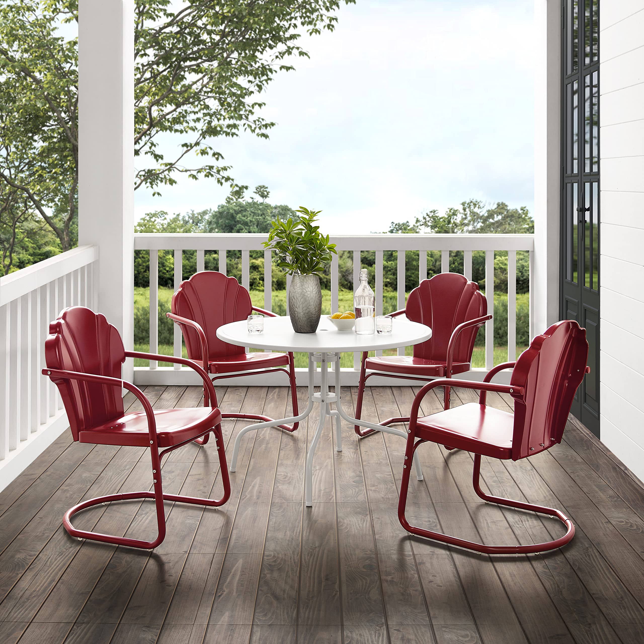 **Crosley Furniture Tulip 5-Piece Outdoor Dining Set for 4 - Retro Metal Round Patio Table & Chairs for Deck, Backyard, or Garden - Dark Red Satin Finish**    **Perfect for:** Outdoor dining, patio gatherings, backyard BBQs, garden parties, and relaxing on the deck.