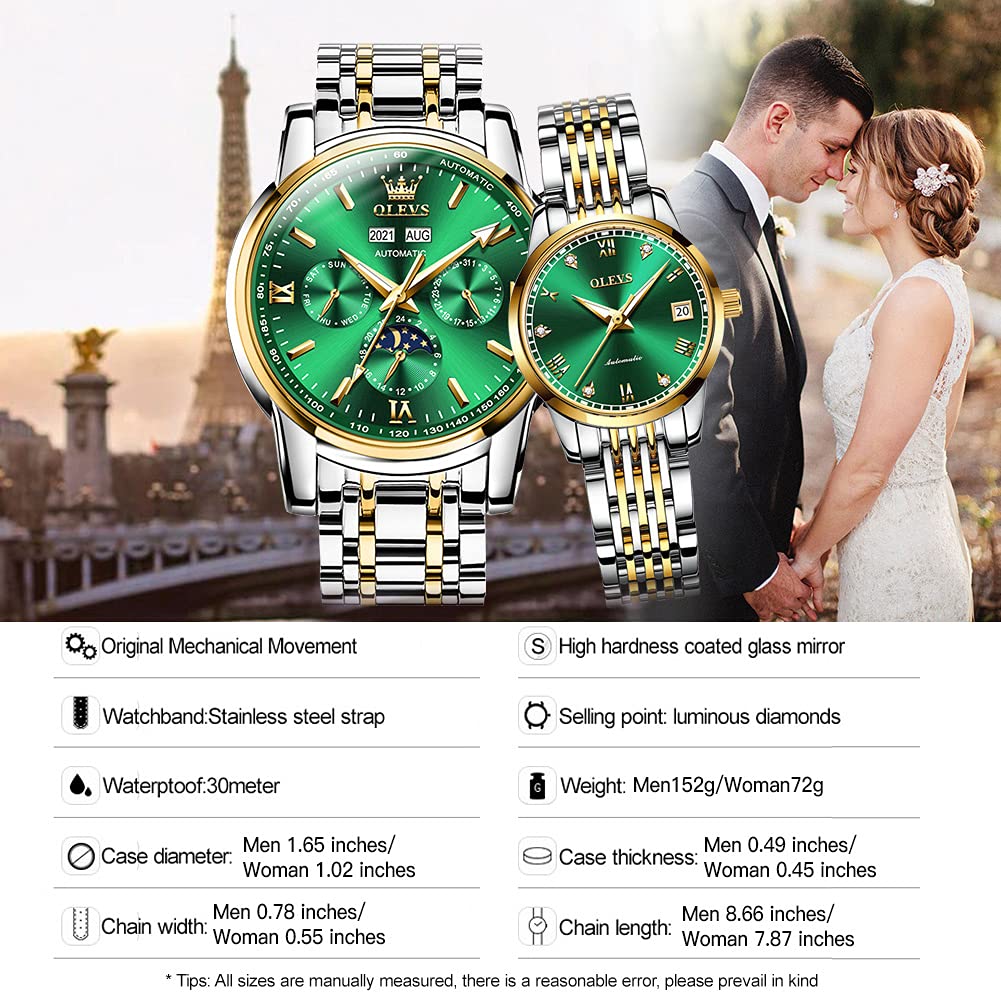 OLEVS Automatic Couple Watches for Men and Women - His and Hers Matching Mechanical Self-Winding Tourbillon Dress Watches with Day Date Calendar, Big Face, Two Tone - Perfect Anniversary Gift for Couples, Wedding Present, Romantic Gift Idea