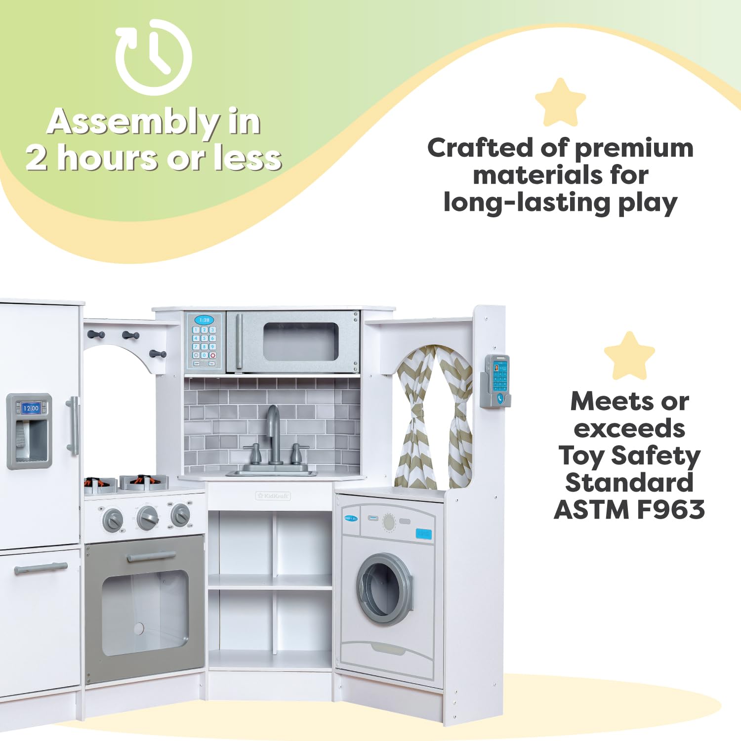 KidKraft Ultimate Corner Wooden Play Kitchen Set with Lights & Sounds - White Pretend Play Toy for Toddlers & Kids - Includes Play Phone & Curtains - Perfect for Imaginative Play, Role Playing & Early Learning Activities