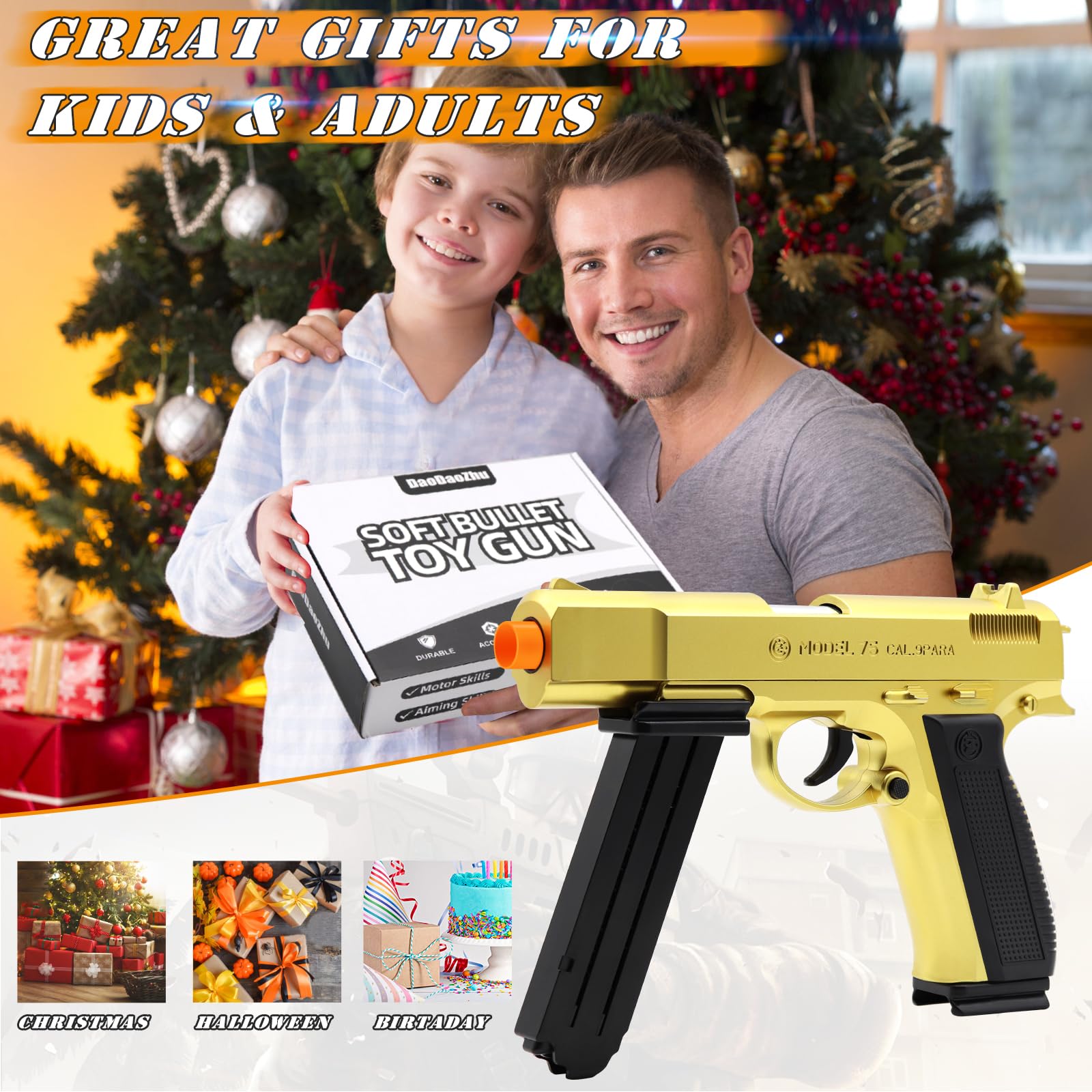 Soft Bullet Toy Gun with Shell Ejecting Feature - 48 Foam Bullets Included | Realistic Gold Toy Pistol for Boys & Kids Ages 8+ | Fidget Stress Relief Gun | Perfect for Halloween, Christmas, Birthday Gifts | Great for Outdoor Play, Target Practice & Pretend Battles