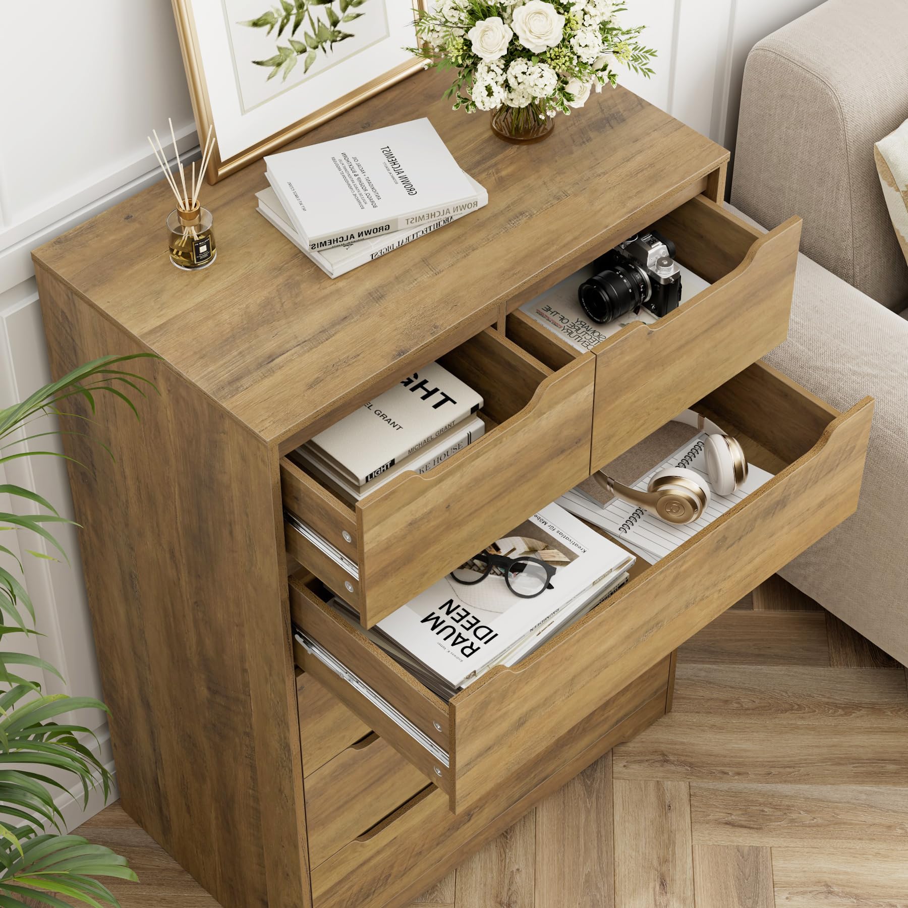 HOSTACK Modern 5-Drawer Wooden Dresser with Storage - Rustic Brown Chest of Drawers for Bedroom, Living Room, Entryway & Hallway - Space-Saving Storage Cabinet with Cut-Out Handles for Clothes, Linens & Home Organization