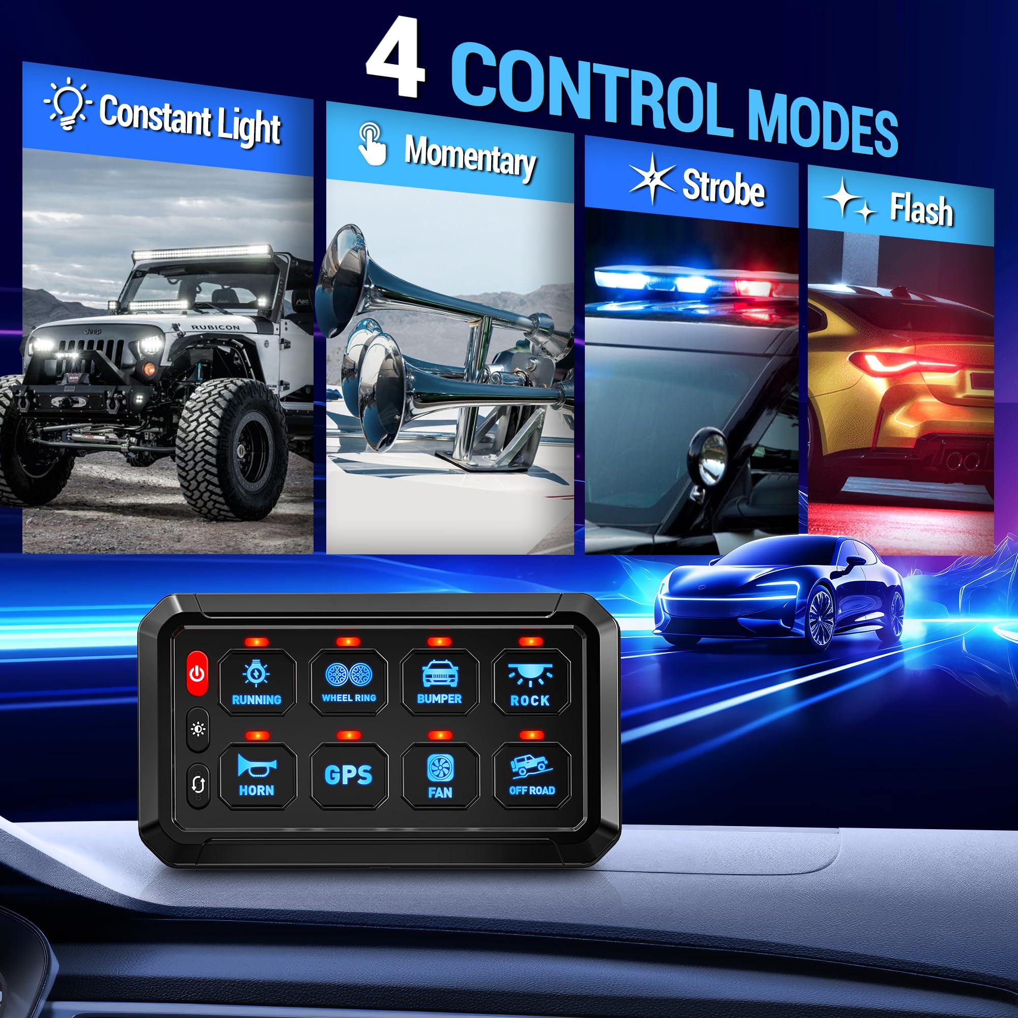 8 Gang Universal Switch Panel with LED & Touch Control - Circuit Relay System for Cars, Boats, Marine, Pickup Trucks, UTV & ATV | Toggle, Momentary, Strobe & Pulsed Modes | Perfect for Off-Road, Marine & Vehicle Customization