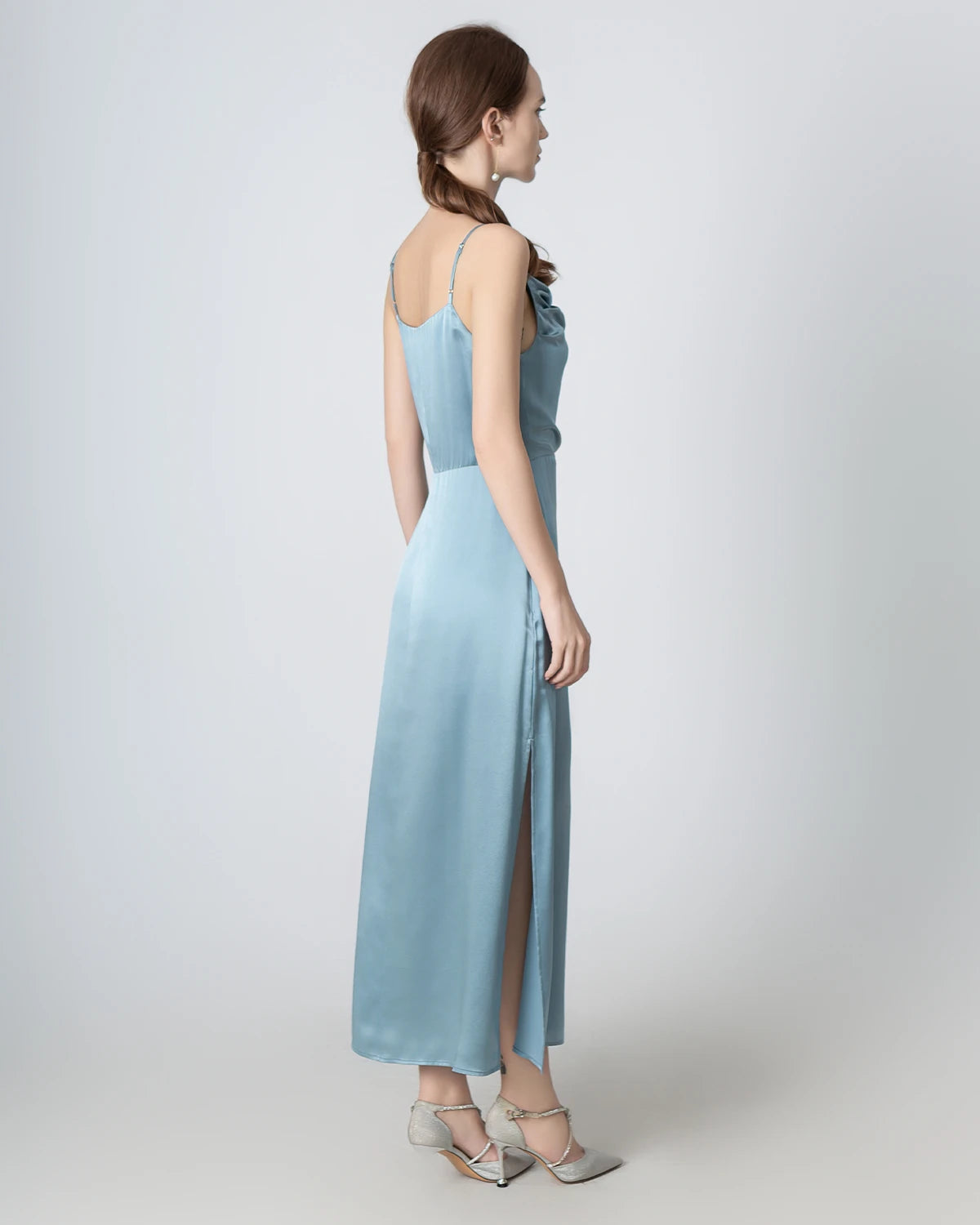 Elegant Pleated Cowl Neck Slit Maxi Silk Dress for Women - Perfect for Weddings, Parties & Evening Events