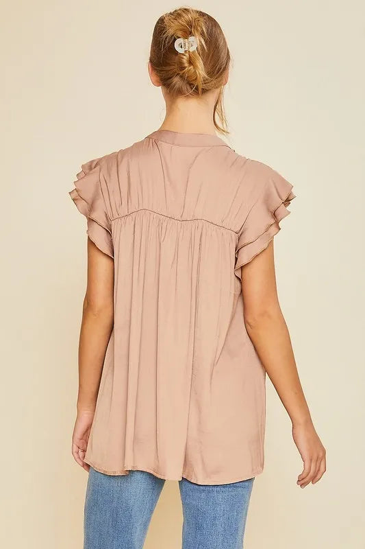 Ruffle Sleeve Shirred Flowy Woven Tunic Shirt for Women - Elegant Summer Blouse for Beach, Office & Casual Outings