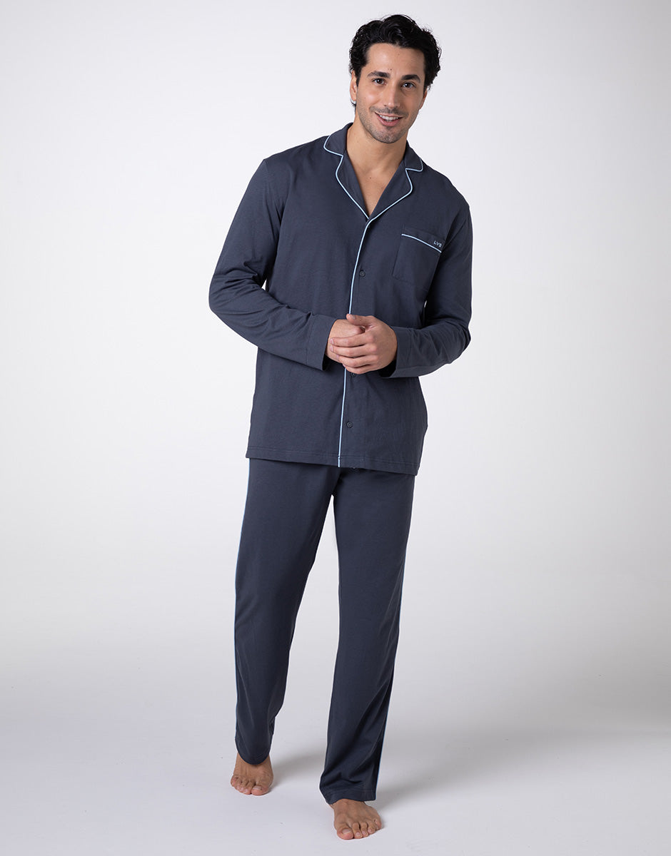 Unisex Slate Cotton Jersey Long Open Front Pajamas - Cozy Loungewear for Relaxing at Home or Sleeping Comfortably