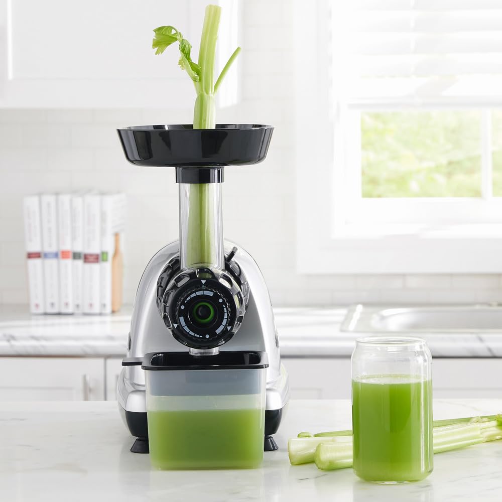 Premium Omega Masticating Juicer - 200W Cold Press Slow Juicer for Celery, Carrots & Greens with Adjustable Dial - Silver | Perfect for Healthy Juicing, Detox & Weight Loss at Home