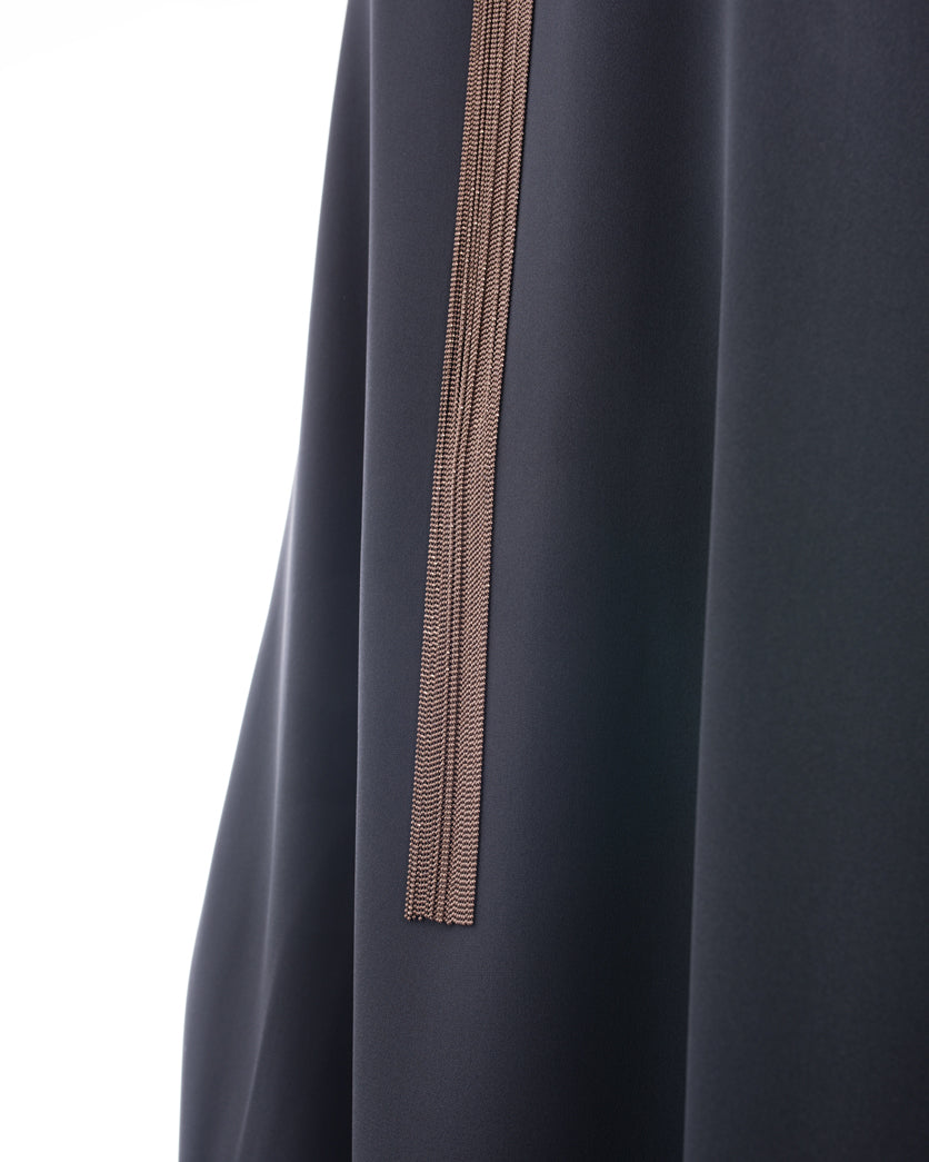 Brunello Cucinelli Grey Silk Sleeveless Maxi Dress with Copper Bead Fringe - Size M | Elegant Evening Gown for Weddings, Galas & Special Occasions