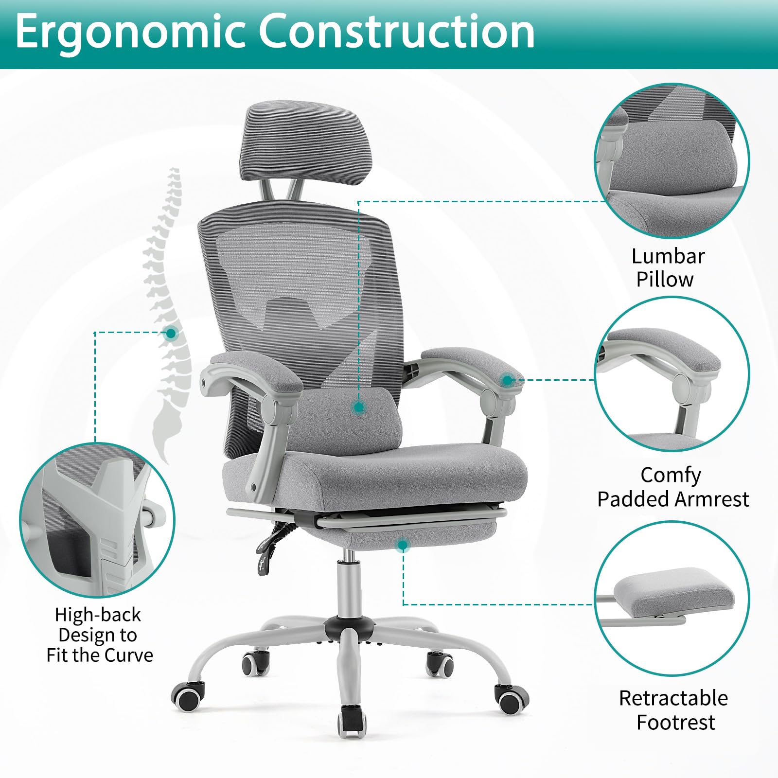 DUMOS Ergonomic High-Back Mesh Office Chair with Adjustable Footrest - Swivel Rolling Recliner with Wheels, Headrest & Lumbar Support - Comfortable Desk Chair for Home Office, Gaming, Studying (Grey) - Perfect for Long Work Hours, Online Classes & PC Gaming Sessions