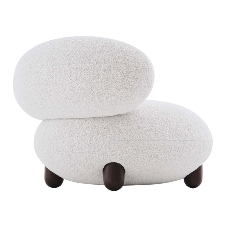 Japandi Style White Boucle Sherpa Round Accent Chair with Wooden Legs & Ottoman - Modern Scandinavian Minimalist Lounge Chair for Living Room, Bedroom or Office