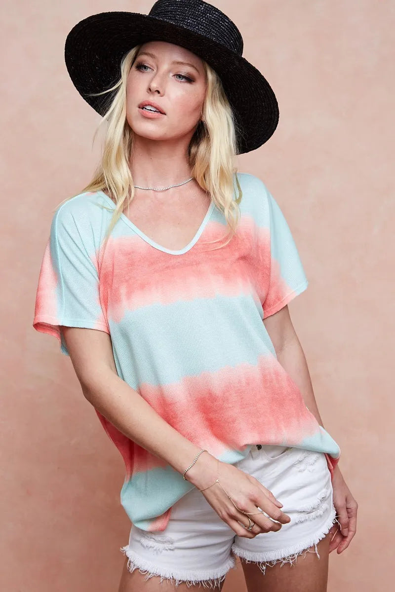 BiBi Tie-Dye Printed Hacci Knit Top for Women - Stylish Casual & Boho Chic Blouse - Perfect for Summer Outfits, Beach Wear, and Music Festivals