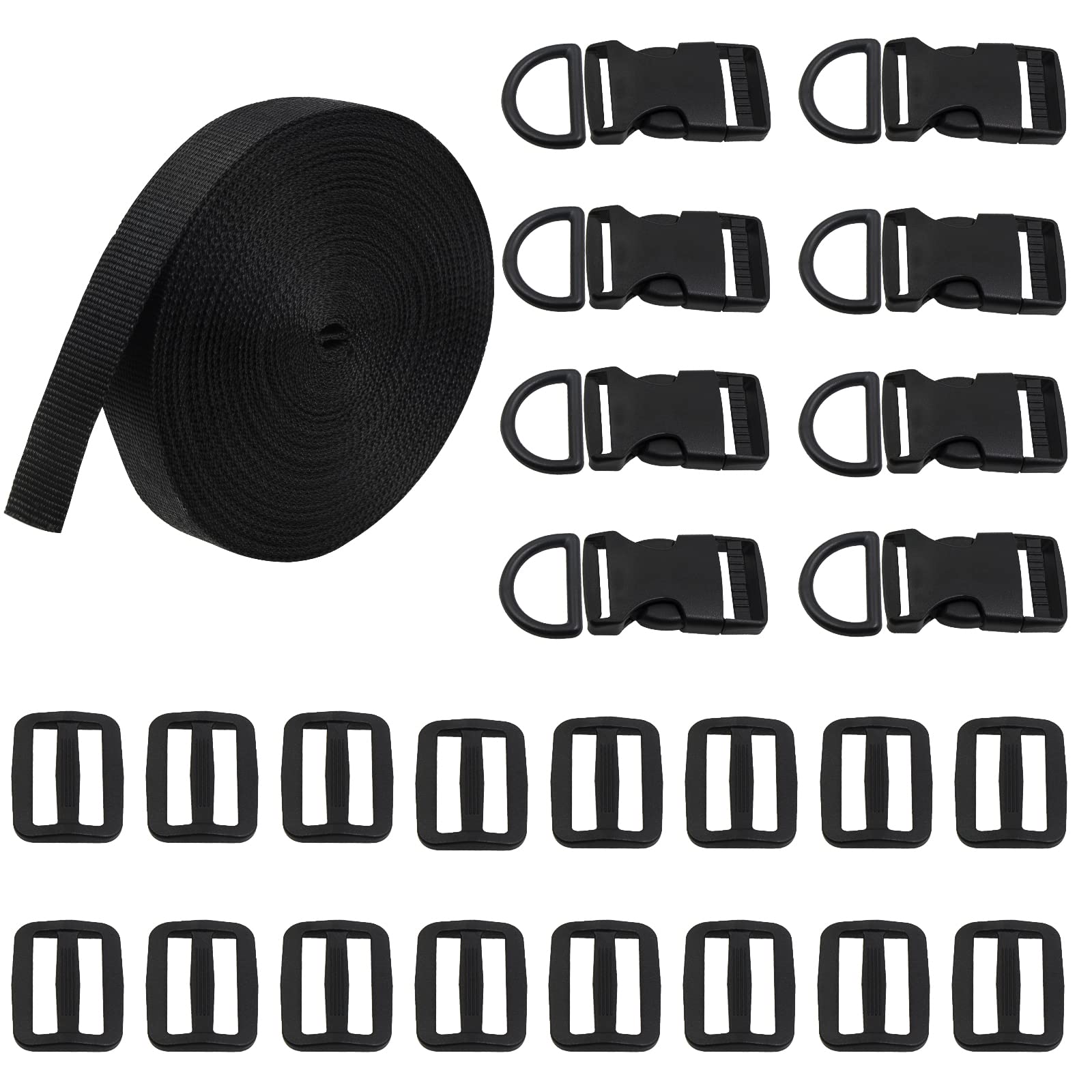 1 Inch Heavy Duty Nylon Webbing Strap with Quick Release Buckle - 10 Yards Black Adjustable Backpack Straps for DIY Luggage, Pet Collars, Dog Leashes, Tactical Gear & Outdoor Equipment - Durable Buckle Straps for Crafting, Repair & Replacement