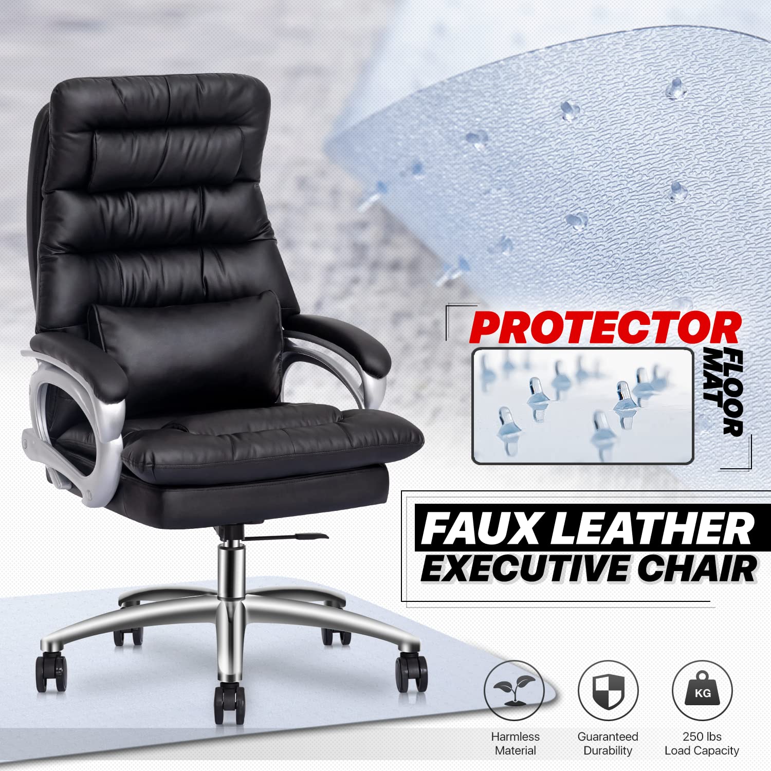 Premium Executive Office Chair with Lumbar Support & Non-Slip PVC Chair Mat - Ergonomic Computer Desk Chair Set for Home & Office Workspaces - Perfect for Long Work Hours, Video Calls, and Professional Environments