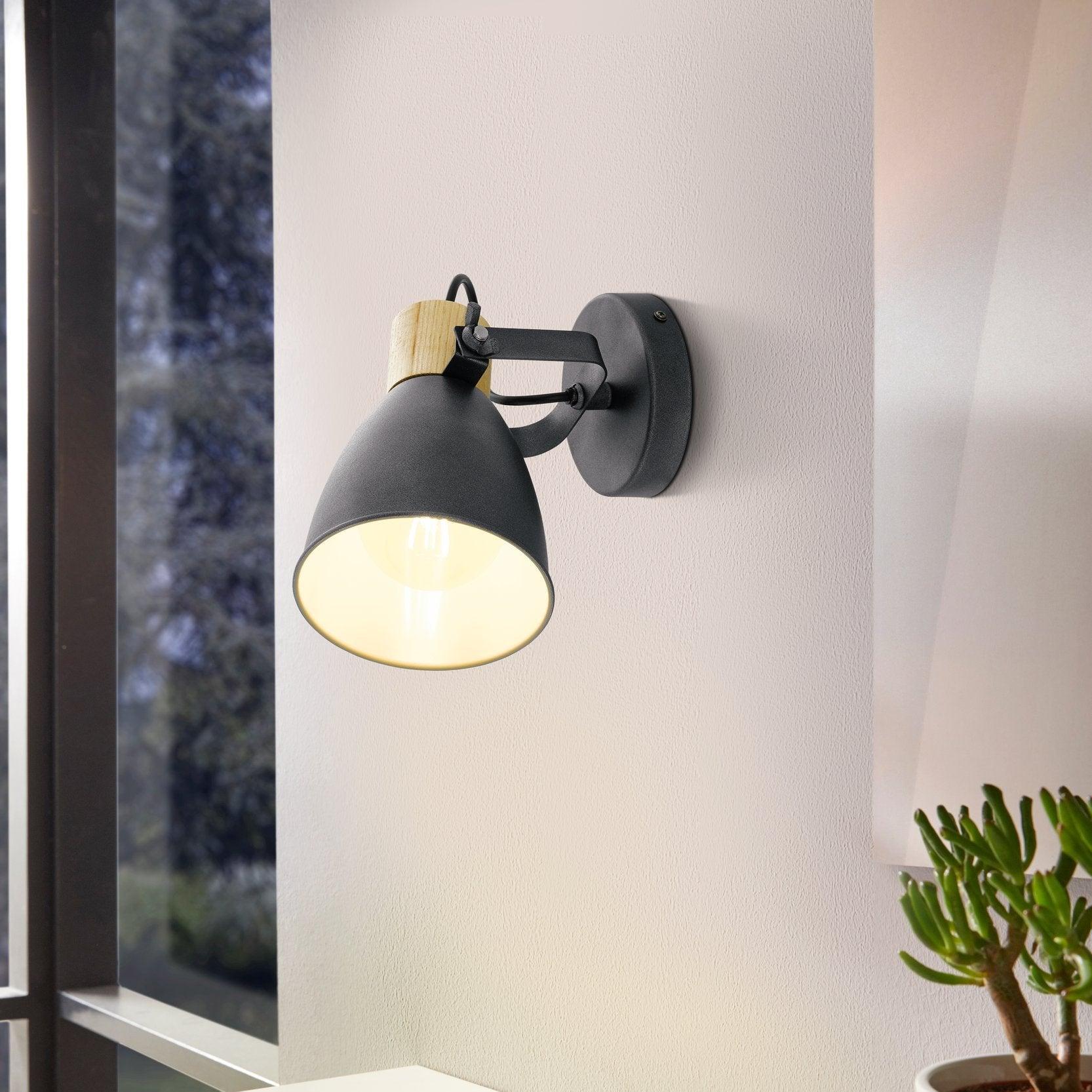 Eglo Coswarth Grey & Wood Wall Spotlight - Modern Indoor/Outdoor Lighting Fixture for Living Room, Bedroom, Patio & Garden Decor