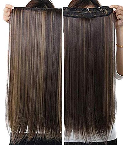DELORUS 24 Inch Synthetic Hair Extensions - Natural Straight Brown with Golden Highlights, 5 Clips, 1 Piece for Women & Girls | Perfect for Parties, Weddings & Daily Styling
