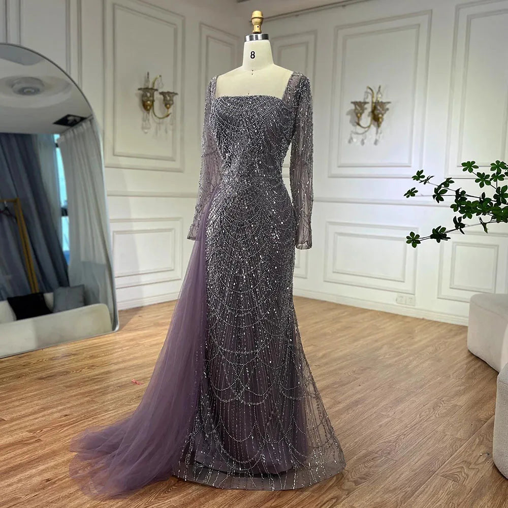 Elegant Arabic Purple Mermaid Evening Gown with Beaded Details & Tulle Overskirt for Women | Wedding, Prom, Gala & Formal Party Dresses 2025 | LA72032F | Perfect for Bridesmaid, Cocktail Party & Special Occasions