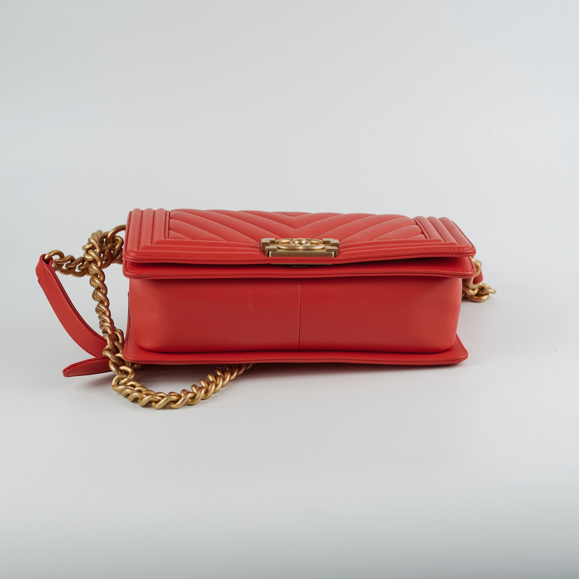 Chanel Old Medium Boy Chevron Lambskin Handbag in Red/Orange - Luxury Crossbody Bag for Women, Perfect for Parties, Dates & Evening Events