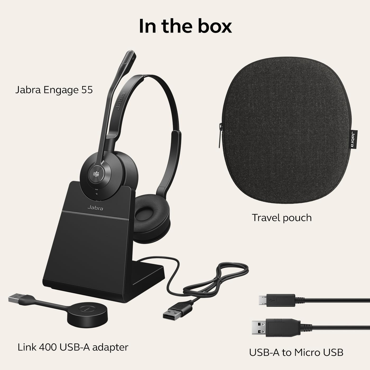 Jabra Engage 55 Stereo Wireless Headset with Link 400 USB-A DECT Adapter & Charging Stand – Noise Cancelling Mic, Long Range – MS Teams Certified, Compatible with Zoom/Slack/Skype – Black – Perfect for Home Office & Call Center Professionals