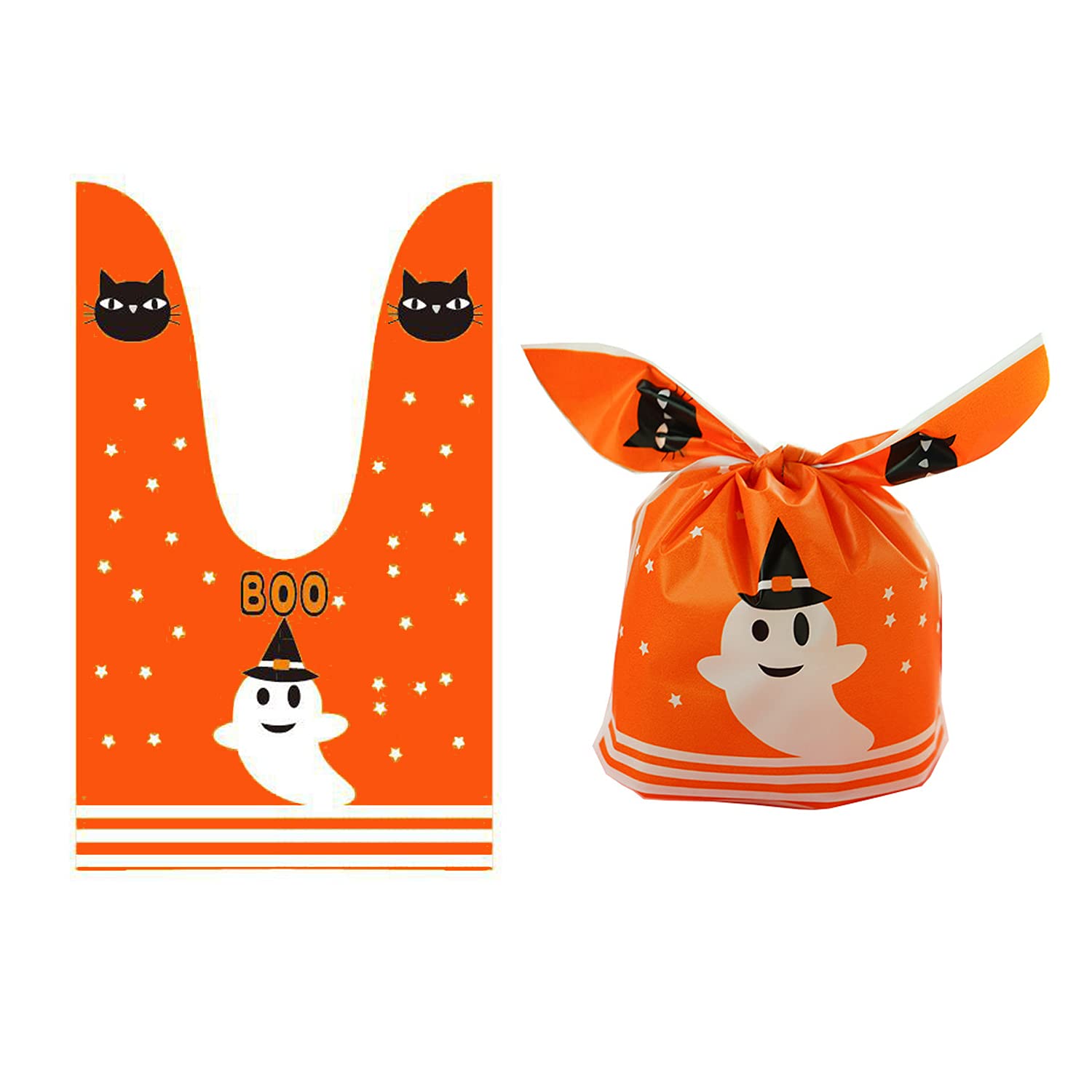 50Pcs Halloween Goodie Bags - Pumpkin & Ghost Treat Bags with Ear Ties for Candy, Cookies, Party Favors | Orange Halloween Party Supplies for Trick or Treat, Classroom Treats & Halloween Gift Giving