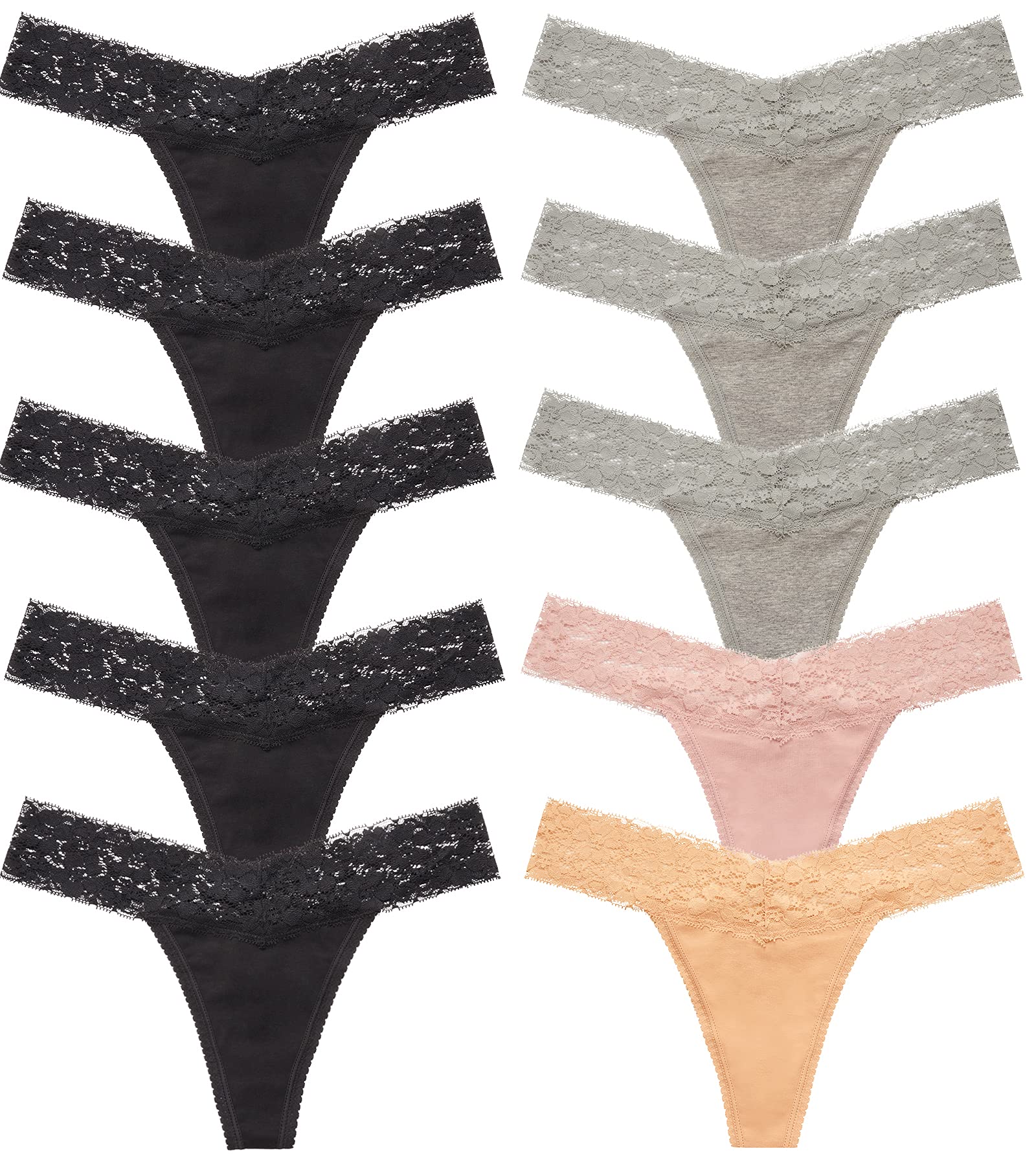 CULAYII Women's Cotton Thong Underwear 6-Pack - Lace Trim Sexy Bikini Panties, Breathable Soft Stretch T-Back Hollow Out Design - Perfect for Daily Wear, Date Night & Special Occasions