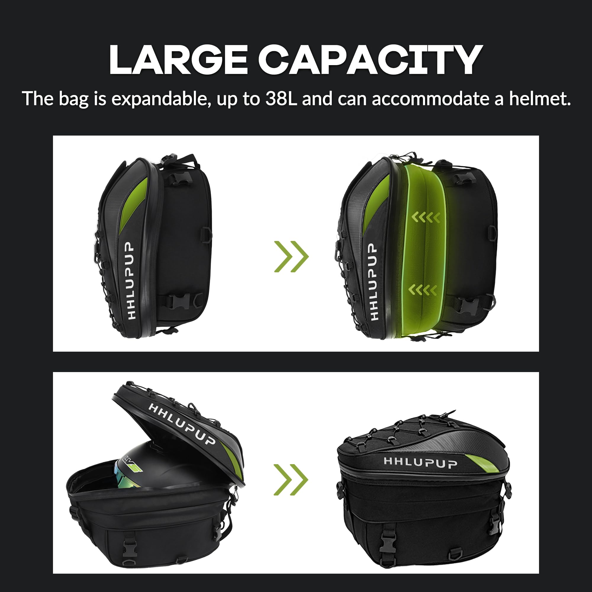 Waterproof Motorcycle Tail Bag & Helmet Storage with Password Lock - 38L Large Capacity Motorbike Luggage Backpack for Travel & Commuting (Green) - Perfect for Road Trips, Daily Rides & Secure Gear Storage