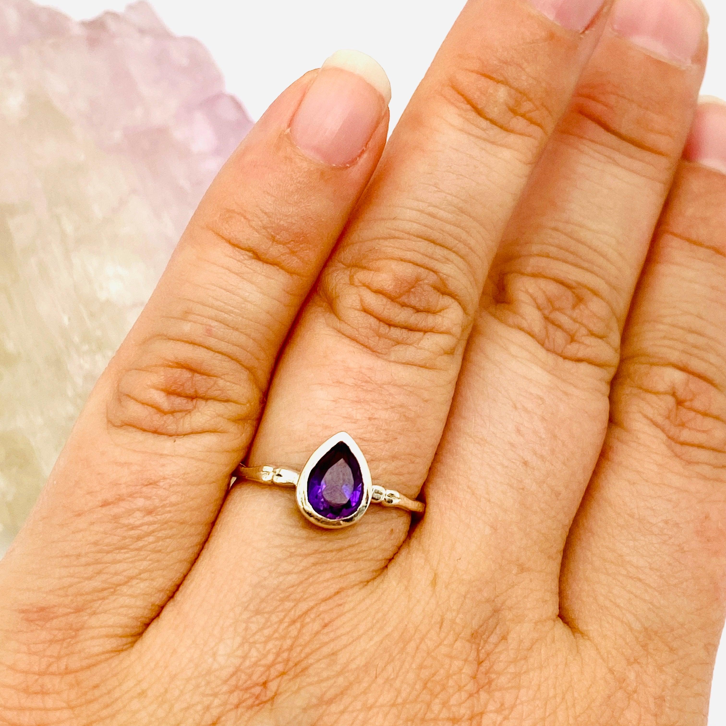 Amethyst Faceted Teardrop Fine Band Ring - Elegant Purple Gemstone Jewelry for Women - Perfect for Weddings, Anniversaries & Special Occasions