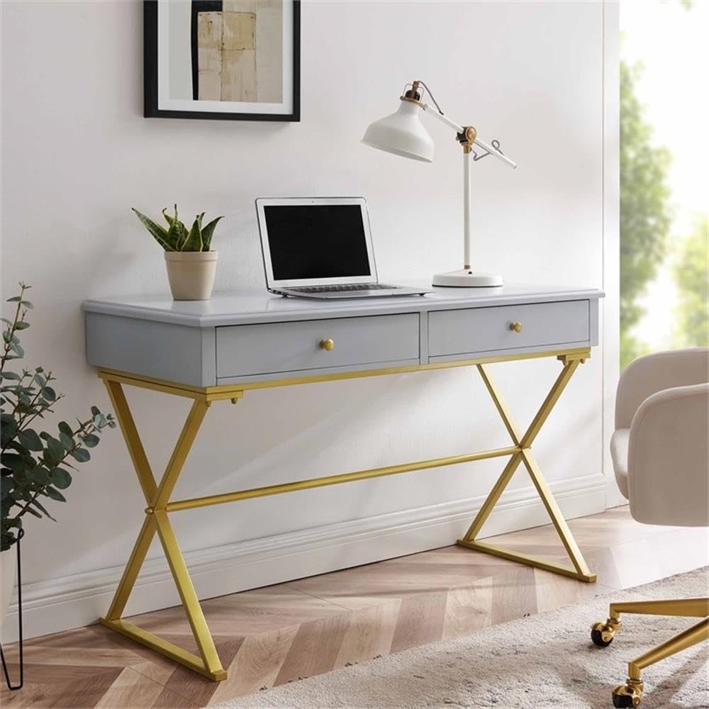 UrbanPro Transitional Two Drawer Wood and Metal Desk in Gray - Modern Home Office & Study Desk for Small Spaces, Dorm Rooms & Workstations