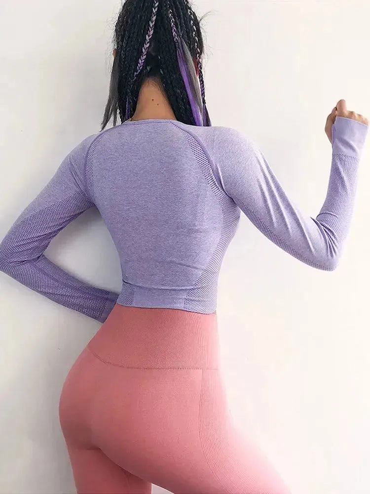 Seamless Long Sleeve Yoga T-Shirt with Thumb Holes - Women's Fitness Workout Top for Gym, Running & Sports | Breathable Crop Pullover for Yoga, Pilates & Active Lifestyle