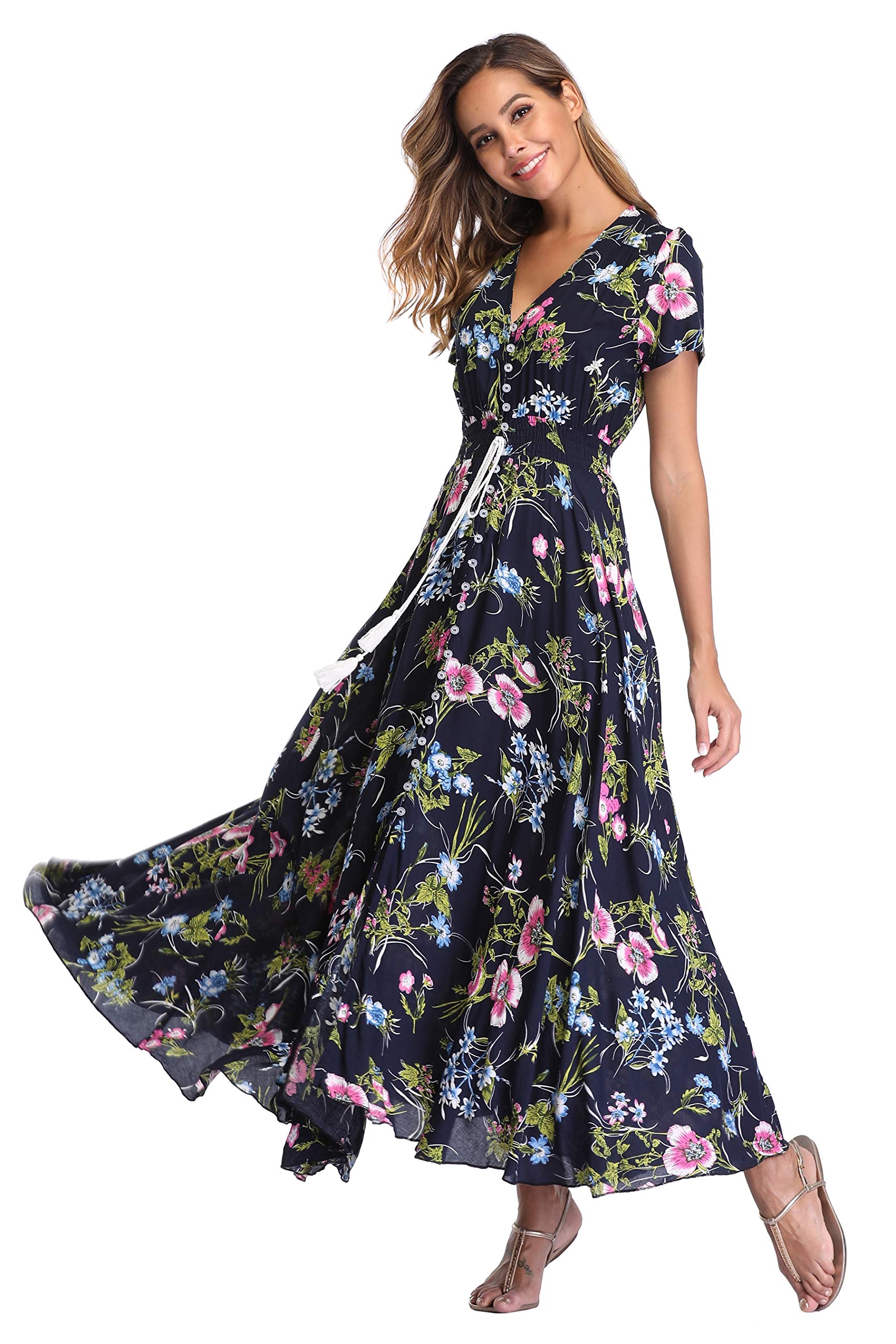 Boho Floral Maxi Dress for Women - Summer Button Up Beach Dress with Side Slit & Flowy Design | Perfect for Beach Parties, Vacations & Outdoor Events