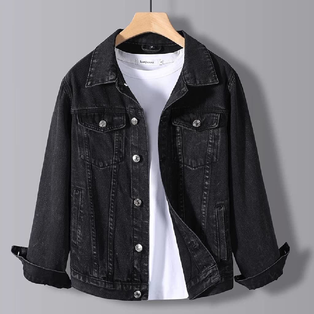 Men's Black Washed Denim Jacket - Spring & Autumn All-Match Streetwear | Harajuku Style Cowboy Jacket for Students & Casual Wear | Size 5XL (Color A, Size M) - Perfect for College Campus, Urban Street Fashion & Weekend Outings