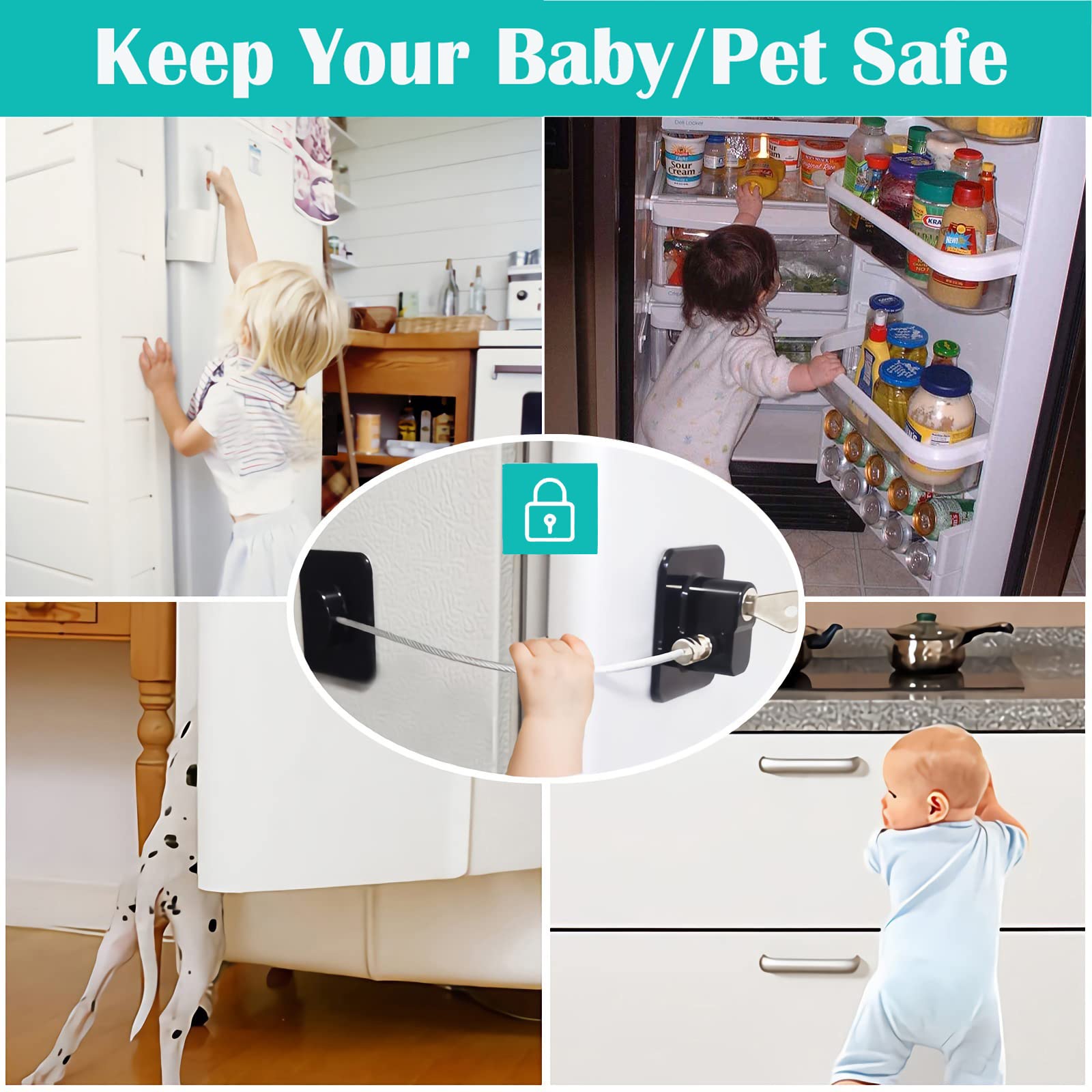 2 Pack Child Safety Fridge Lock with Keys - Black Adhesive Refrigerator, Cabinet, Drawer, Oven & Toilet Locks for Baby Proofing - Perfect for Kitchens, Bathrooms & Nursery Childproofing