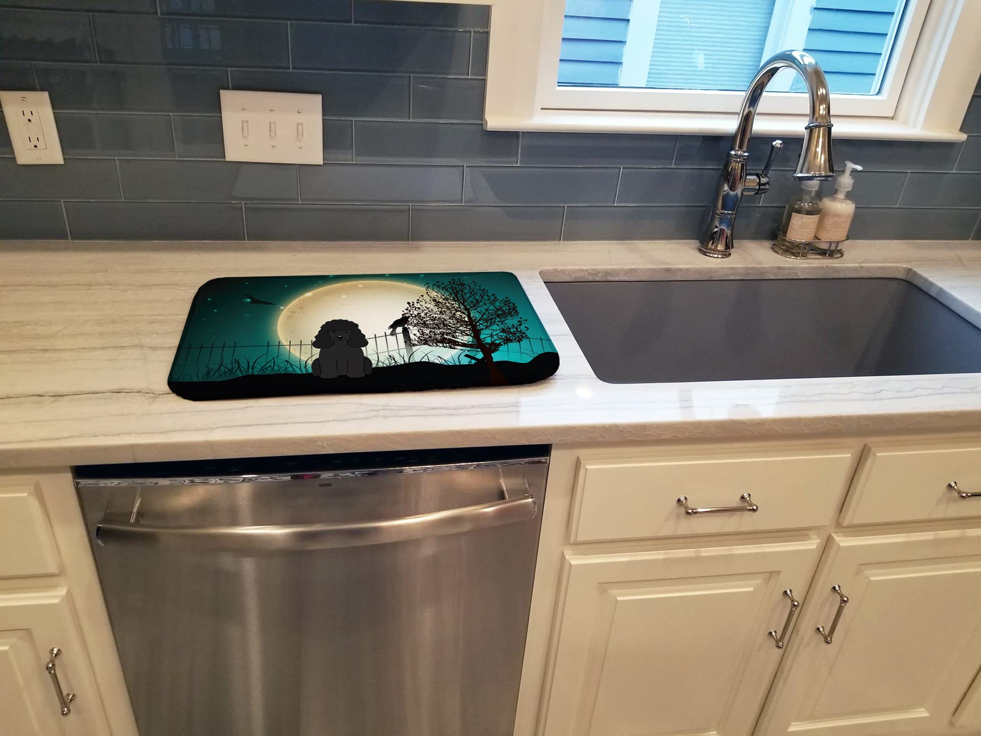 Scary Poodle Dish Drying Mat - Absorbent Kitchen Counter Pad for Halloween Decor