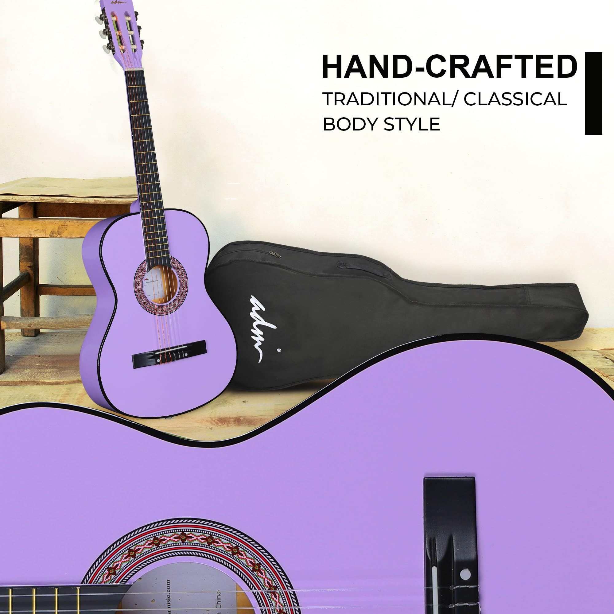**ADM 38 Inch Beginner Acoustic Classical Guitar with Nylon Strings - Wooden Guitar Bundle Kit for Kids, Boys, Girls, Students & Youth - Includes Gig Bag, Strap, Tuner & Extra Strings (Purple) - Perfect for Online Lessons, Home Practice & Music Class Performances**