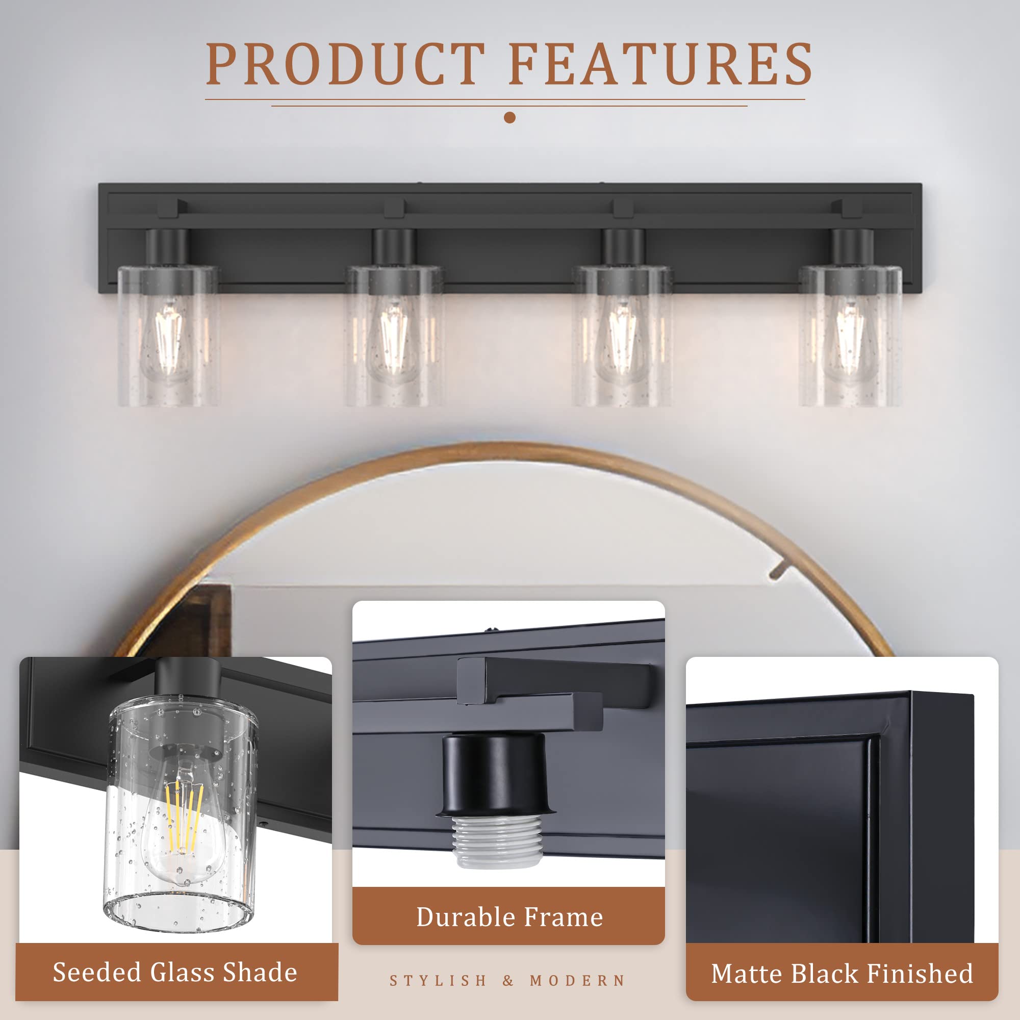 Modern Matte Black Bathroom Vanity Light - 4-Light Wall Sconce with Thickened Seeded Glass Shade, 33 Inch Contemporary Fixture for Mirror Lighting | Perfect for Bathroom, Powder Room, and Dressing Area Makeup Vanity