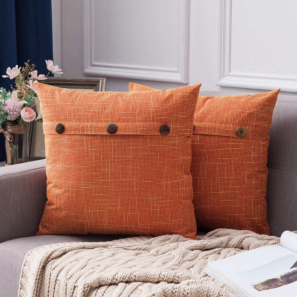 MIULEE Set of 2 Vintage Farmhouse Linen Throw Pillow Covers 26x26 Inch - Decorative Cushion Cases with Triple Button Closure for Sofa, Couch & Bed - Orange Home Decor for Living Room, Bedroom & Dorm