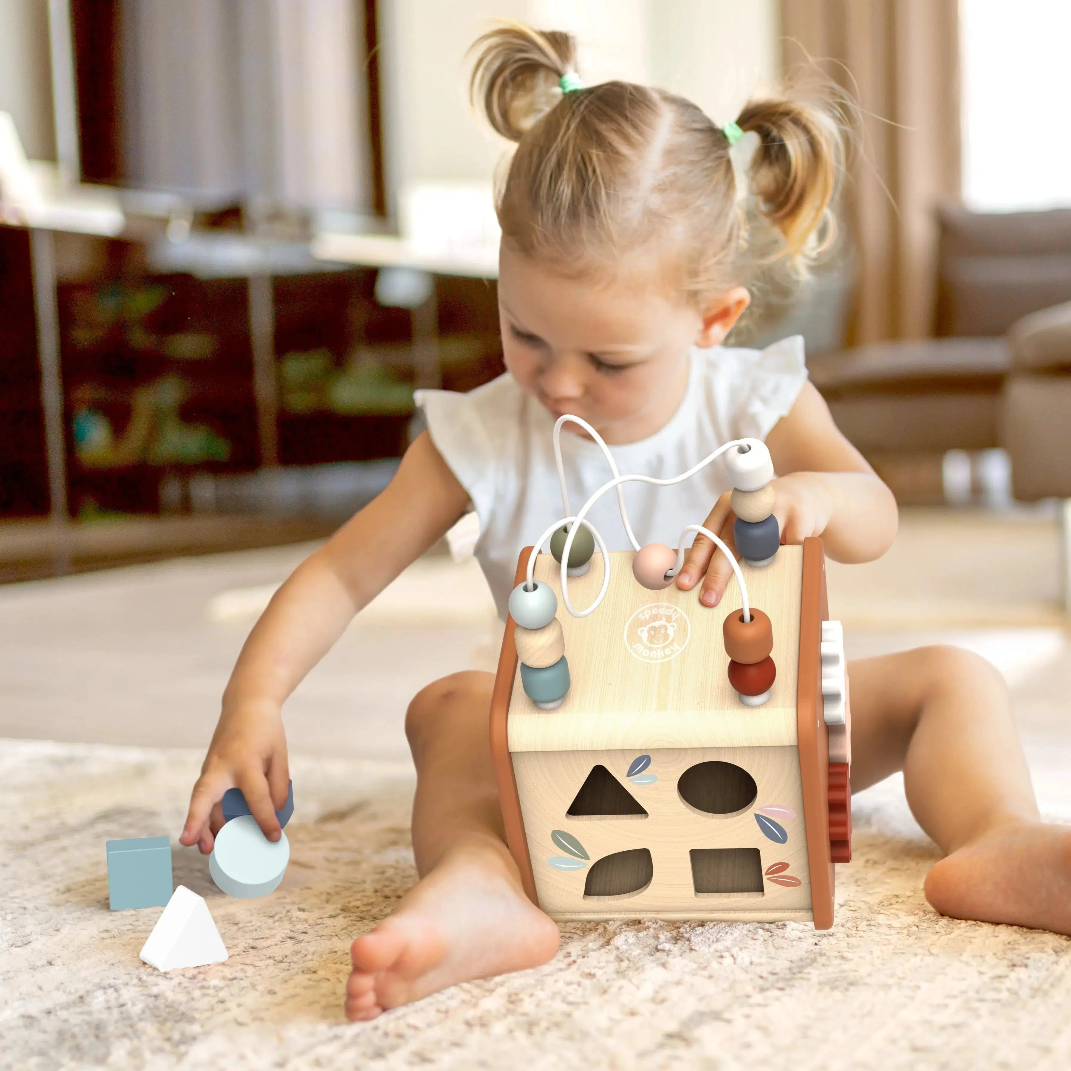 Speedy Monkey Wooden 5-in-1 Activity Cube - Montessori Learning Toy for Toddlers, Educational Baby Toys with Shape Sorter & Bead Maze - Perfect for Daycare, Preschool & Home Playtime