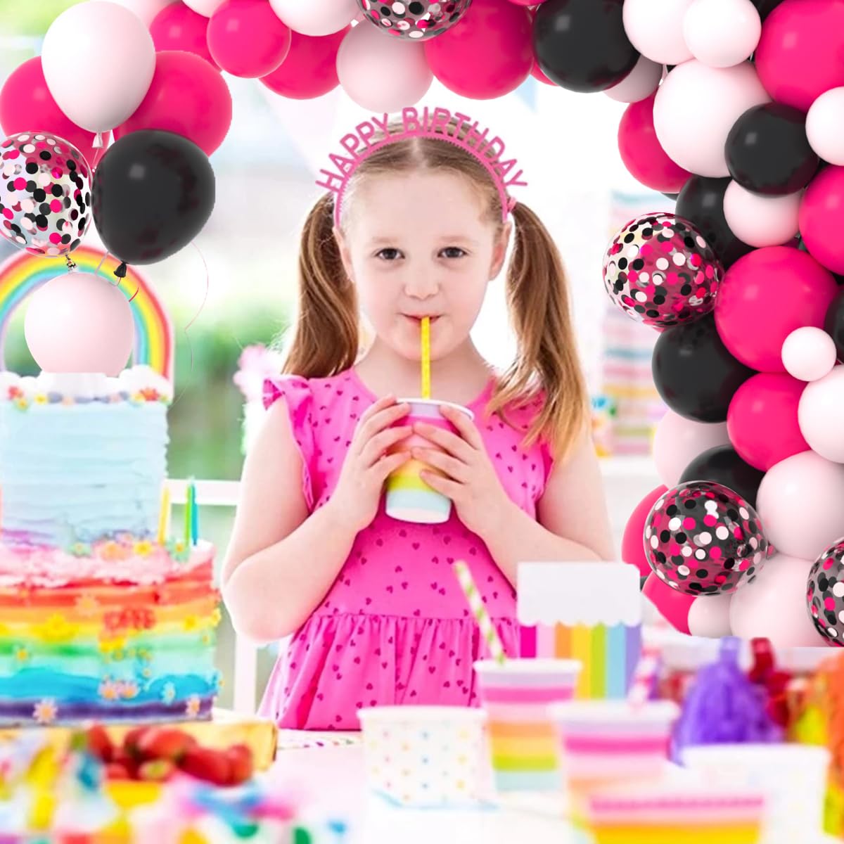 Hot Pink & Black Balloon Garland Arch Kit - Rose Red, Black, Pink Balloons for Birthday, Baby Shower, Bridal Shower, Wedding, Bachelorette & Graduation Party Decorations | Perfect for Photo Backdrops, Dessert Tables & Event Entrance Decor