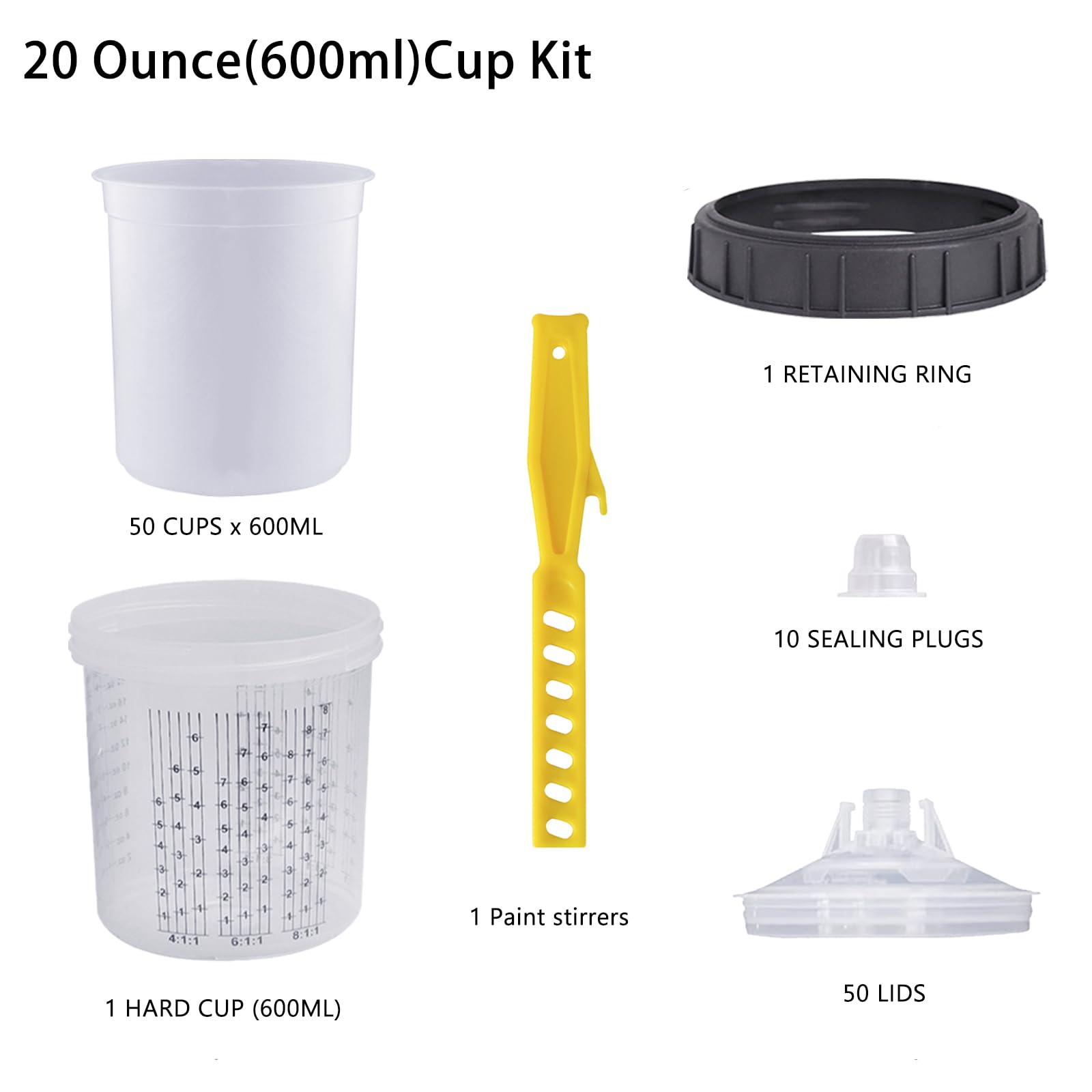 **Disposable HVLP Paint Sprayer Gun Cup Kit - 20oz with 50 Liners, 50 Lids, 1 Hard Cup, Retainer Ring, 10 Plugs & Mixing Stick - Perfect for Automotive, Furniture & DIY Painting Projects**