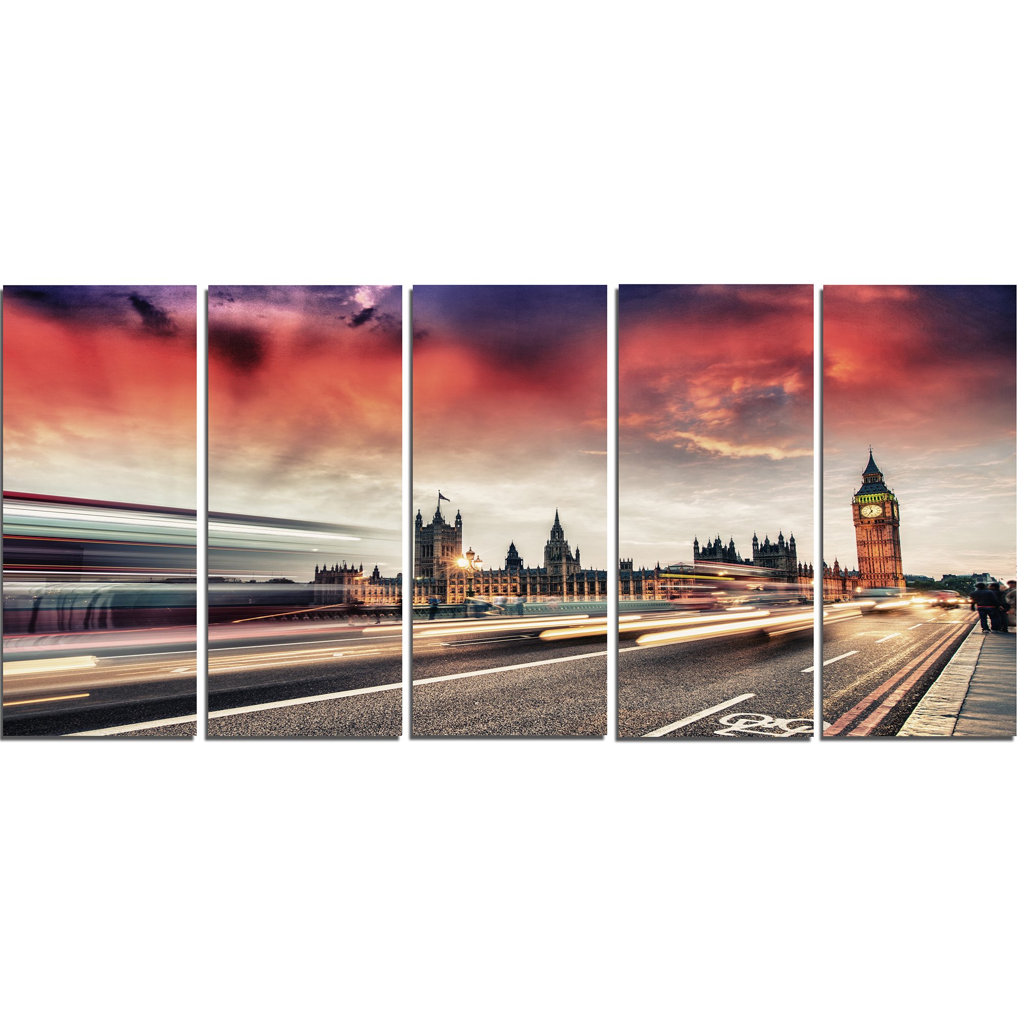 Designart London Westminster Bridge Cityscape Photo Canvas Print - 60x28.5 Inches, 5 Equal Panels - Perfect for Living Room, Office & Home Decor